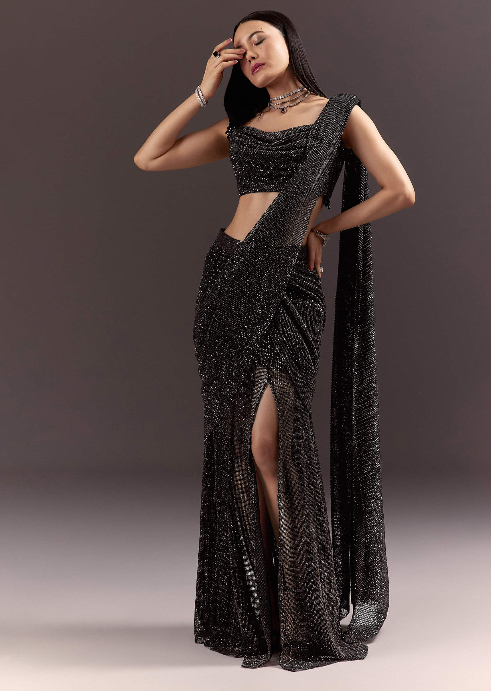Black Pre Stitched Slit Saree With Cowl Blouse