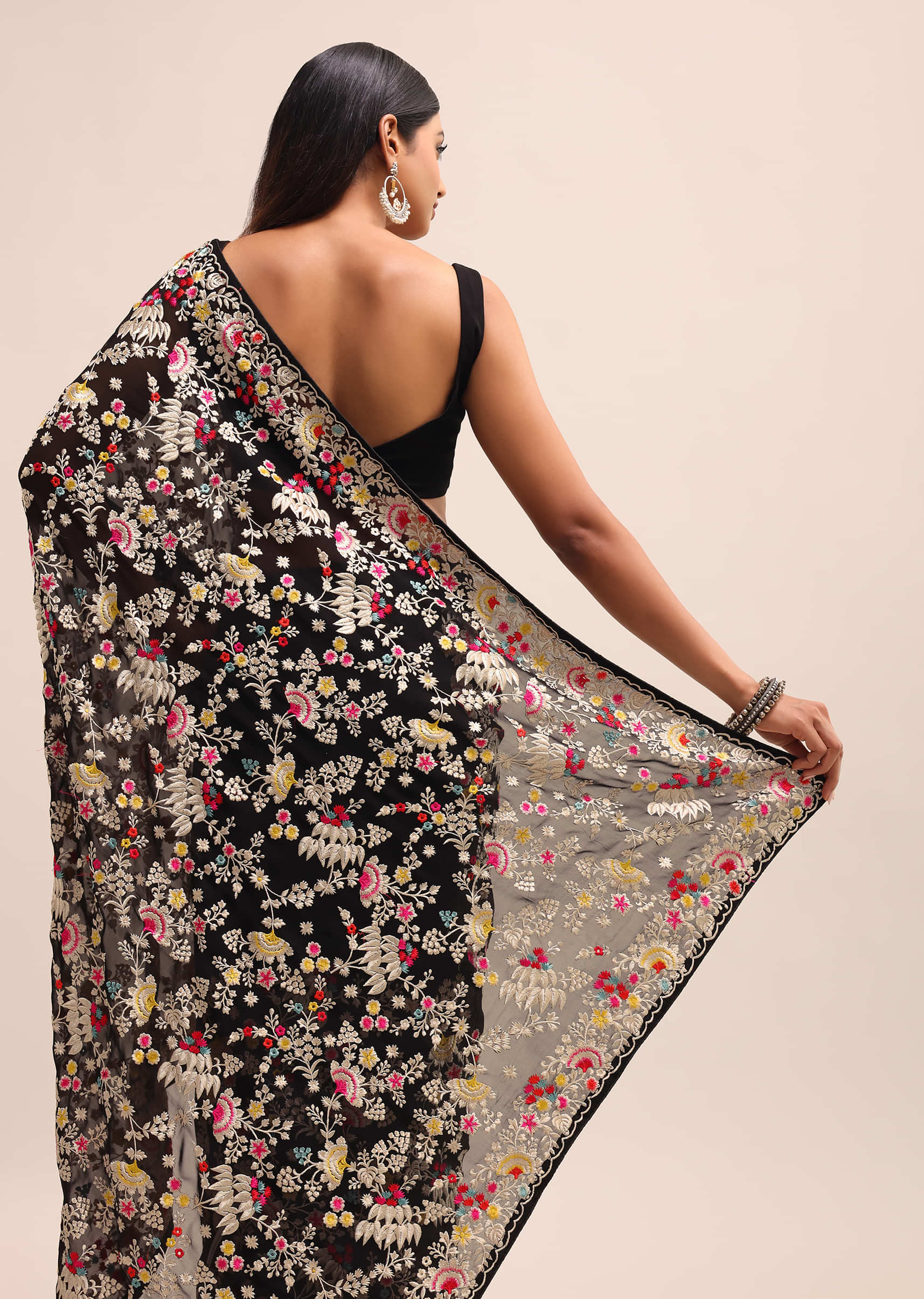 Black Georgette Parsi Gara Multi Color Saree With Unstitched Blouse