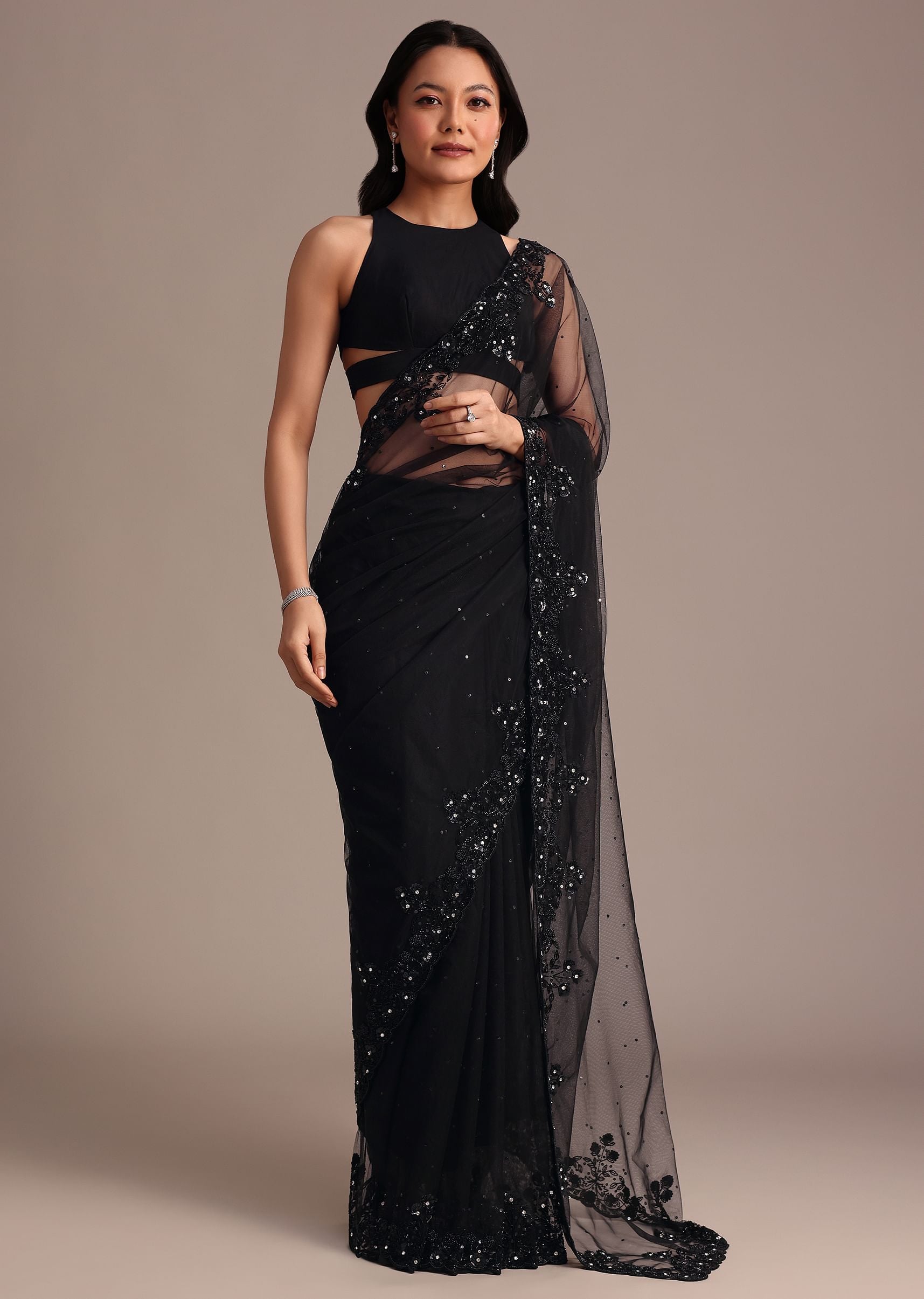 Black Net Embroidered Saree With Cutdana And Sequin Work