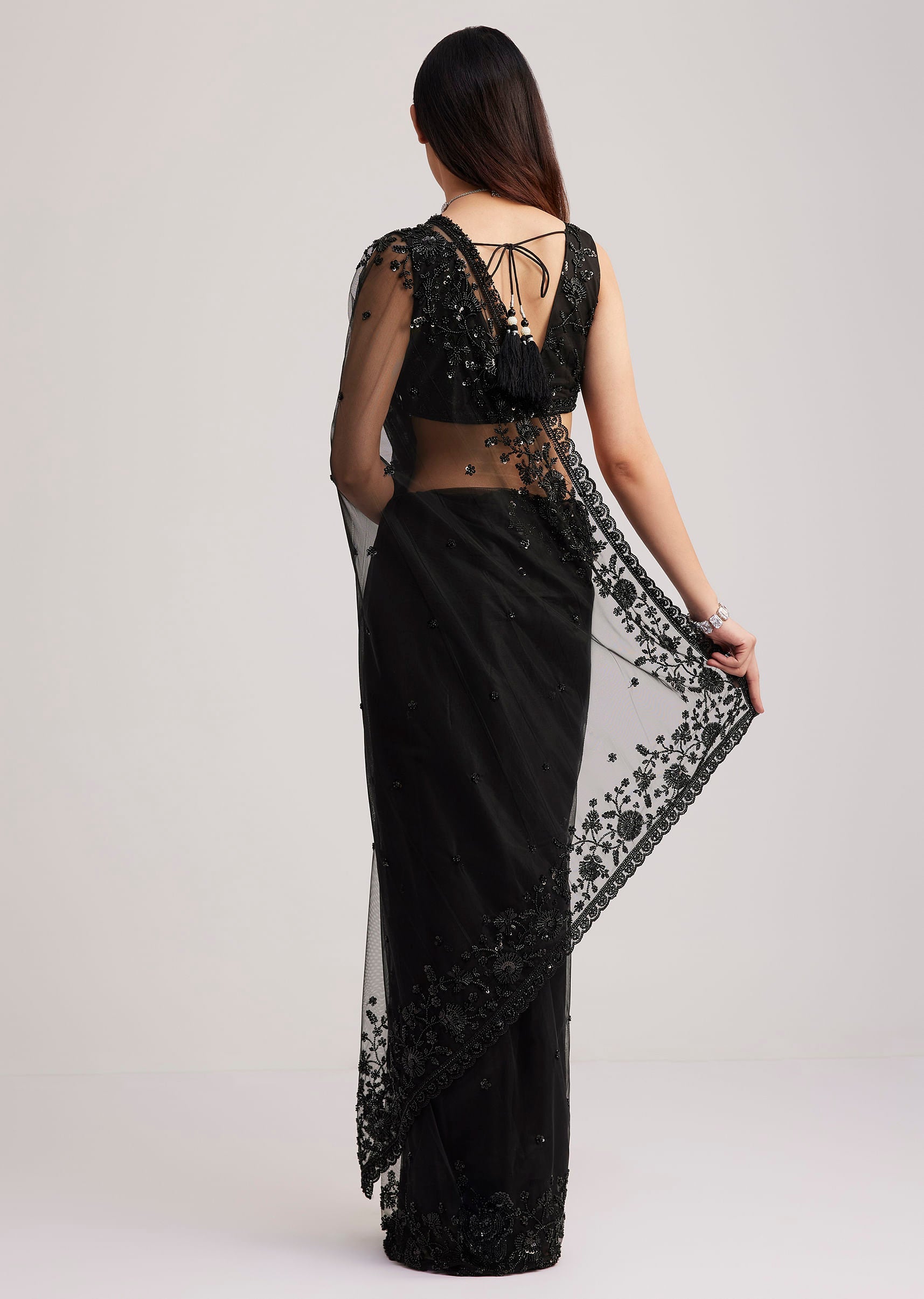 Black Net Heavy Embroidered Saree With Sequins And Stones