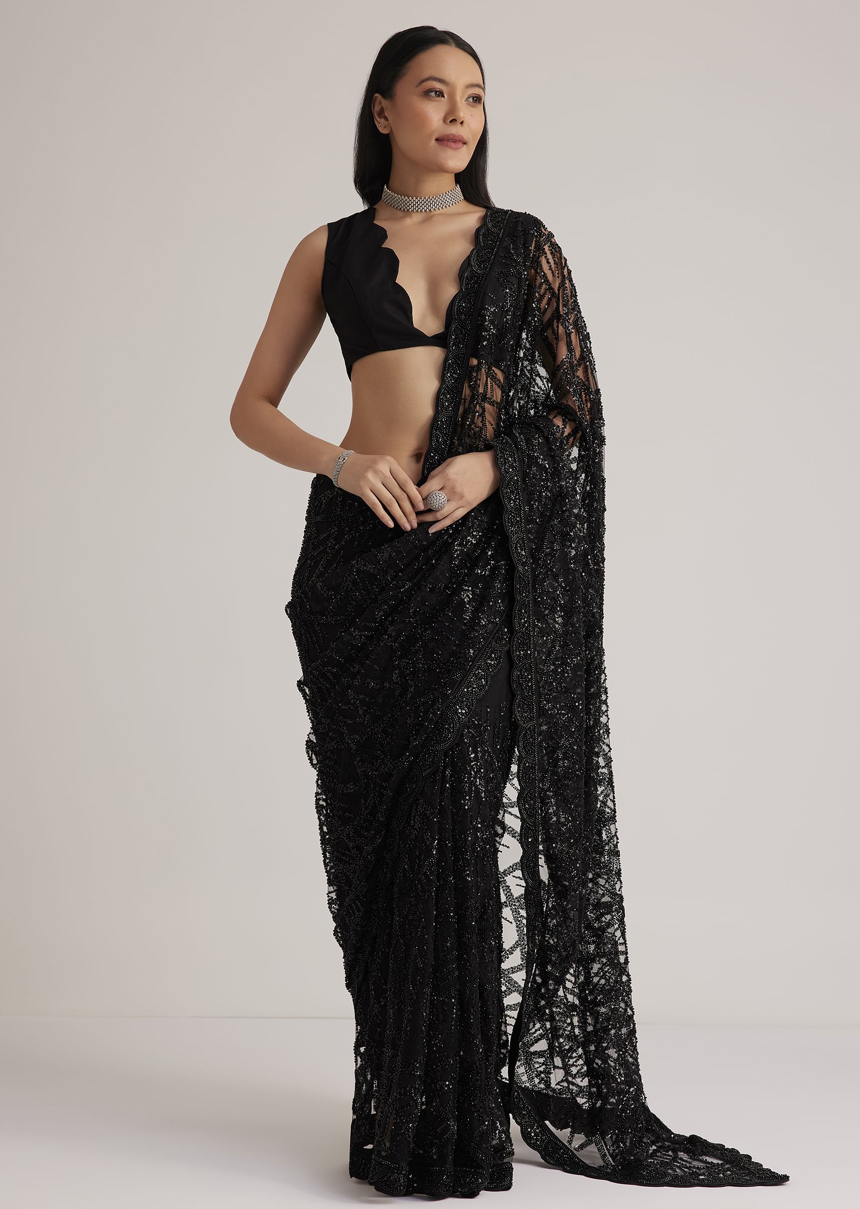 Black Net Saree With Sequins And Stones Embroidery