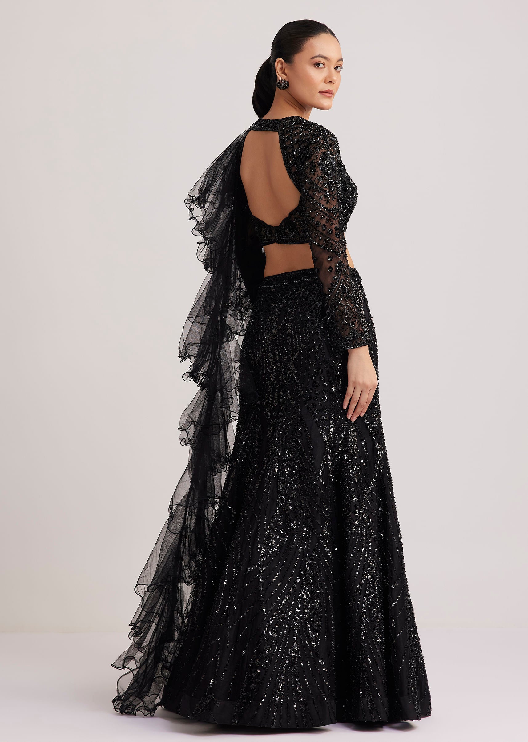 Black Sequins Lehenga Set With Ruffled Dupatta
