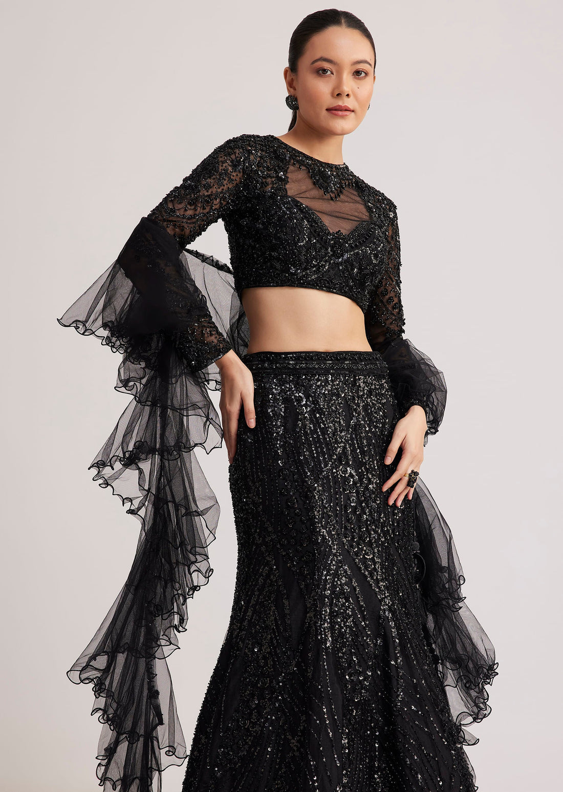 Black Sequins Lehenga Set With Ruffled Dupatta