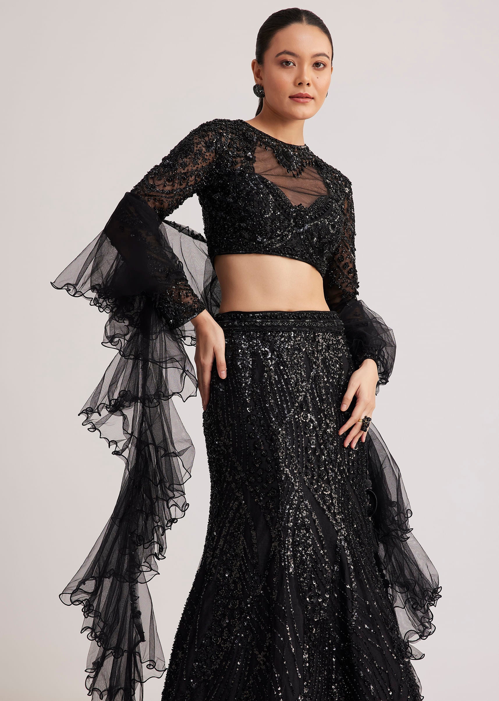 Black Sequins Lehenga Set With Ruffled Dupatta