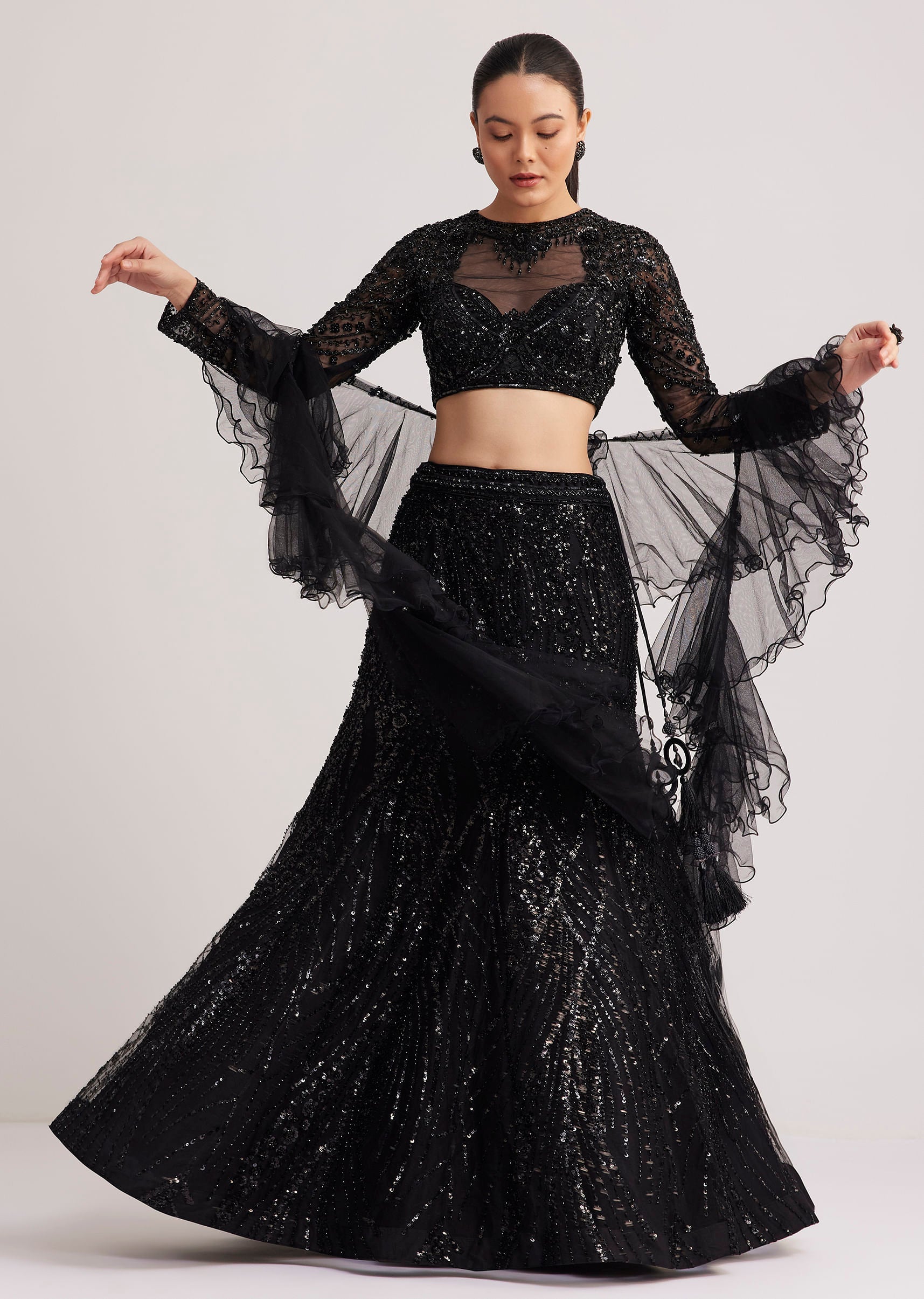 Black Sequins Lehenga Set With Ruffled Dupatta