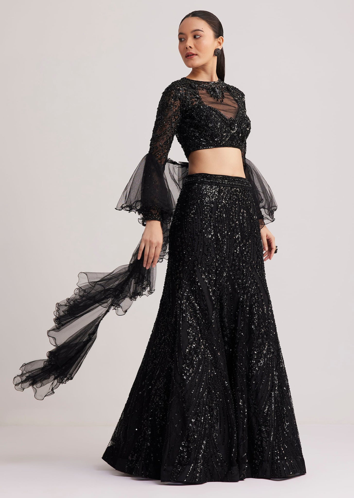 Black Sequins Lehenga Set With Ruffled Dupatta