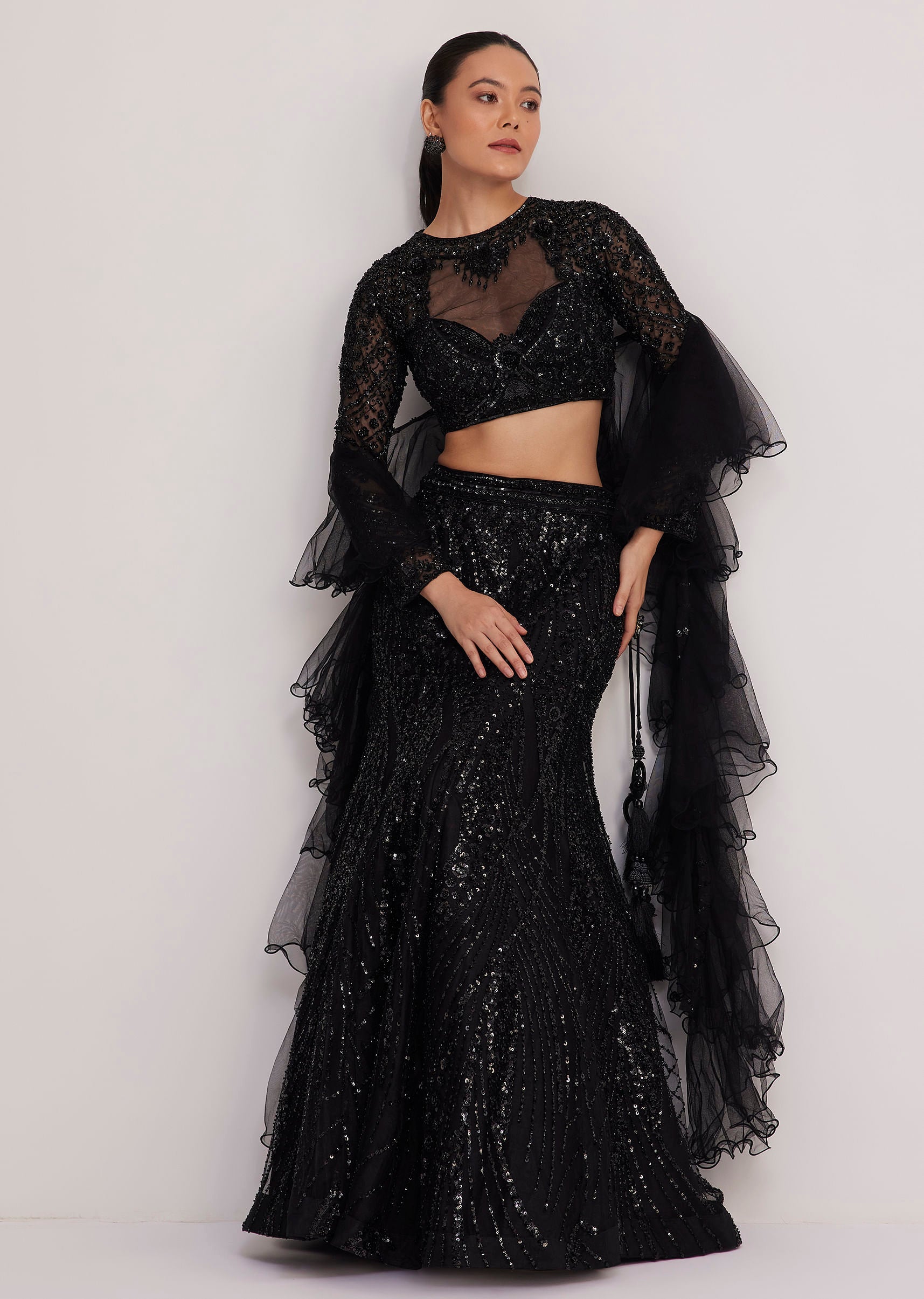 Black Sequins Lehenga Set With Ruffled Dupatta