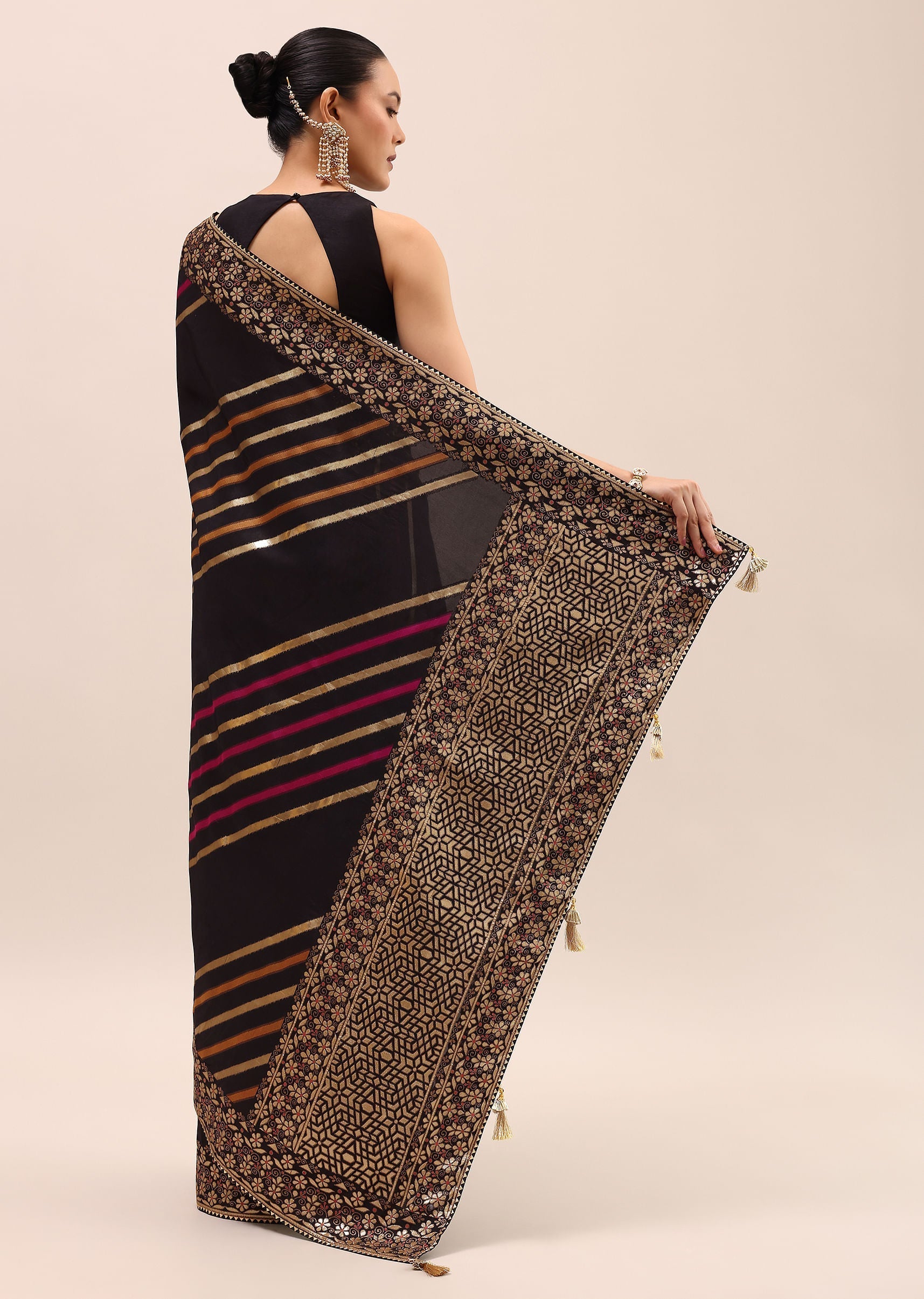 Black Silk Saree In Butta Work With Unstitched Blouse