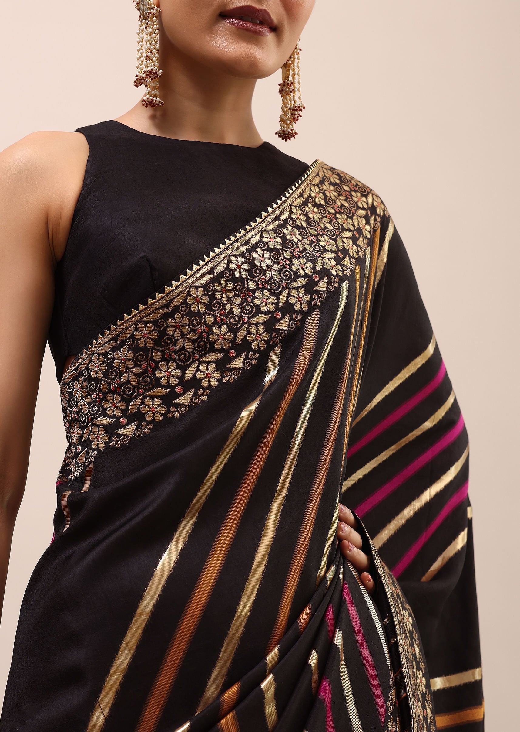 Black Silk Saree In Butta Work With Unstitched Blouse