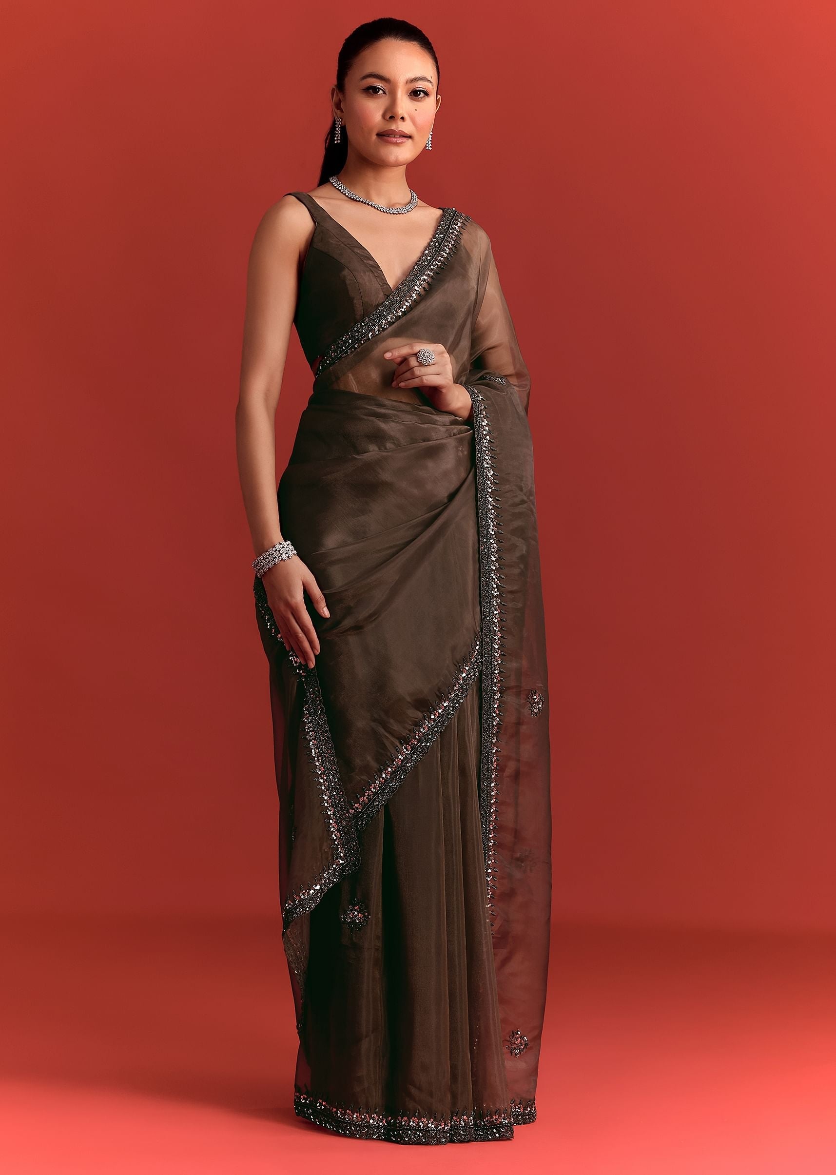 Brown Tissue Saree With Cutdana And Sequin Work