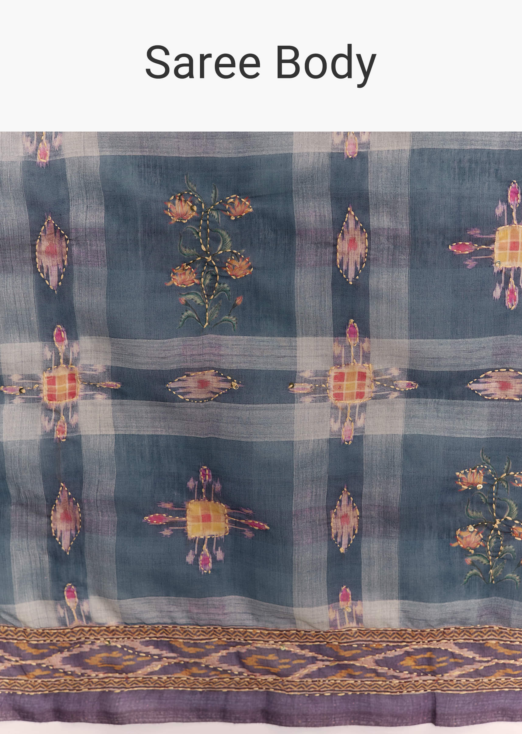 Blue Linen Saree With Hand Block Ajrakh Print And Lavender Border