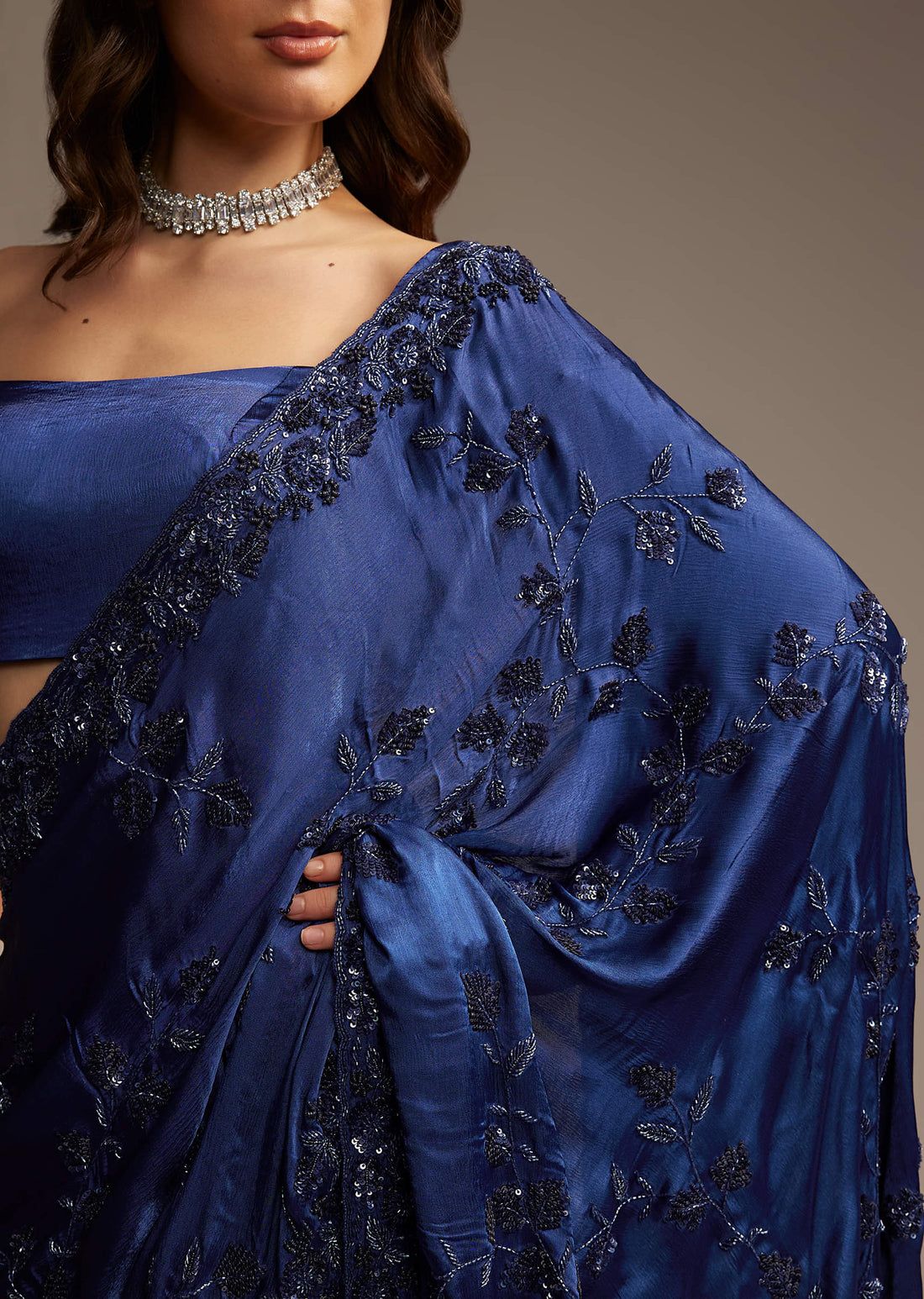 Blue Satin Chinon Saree with Heavy Jaal Embroidery