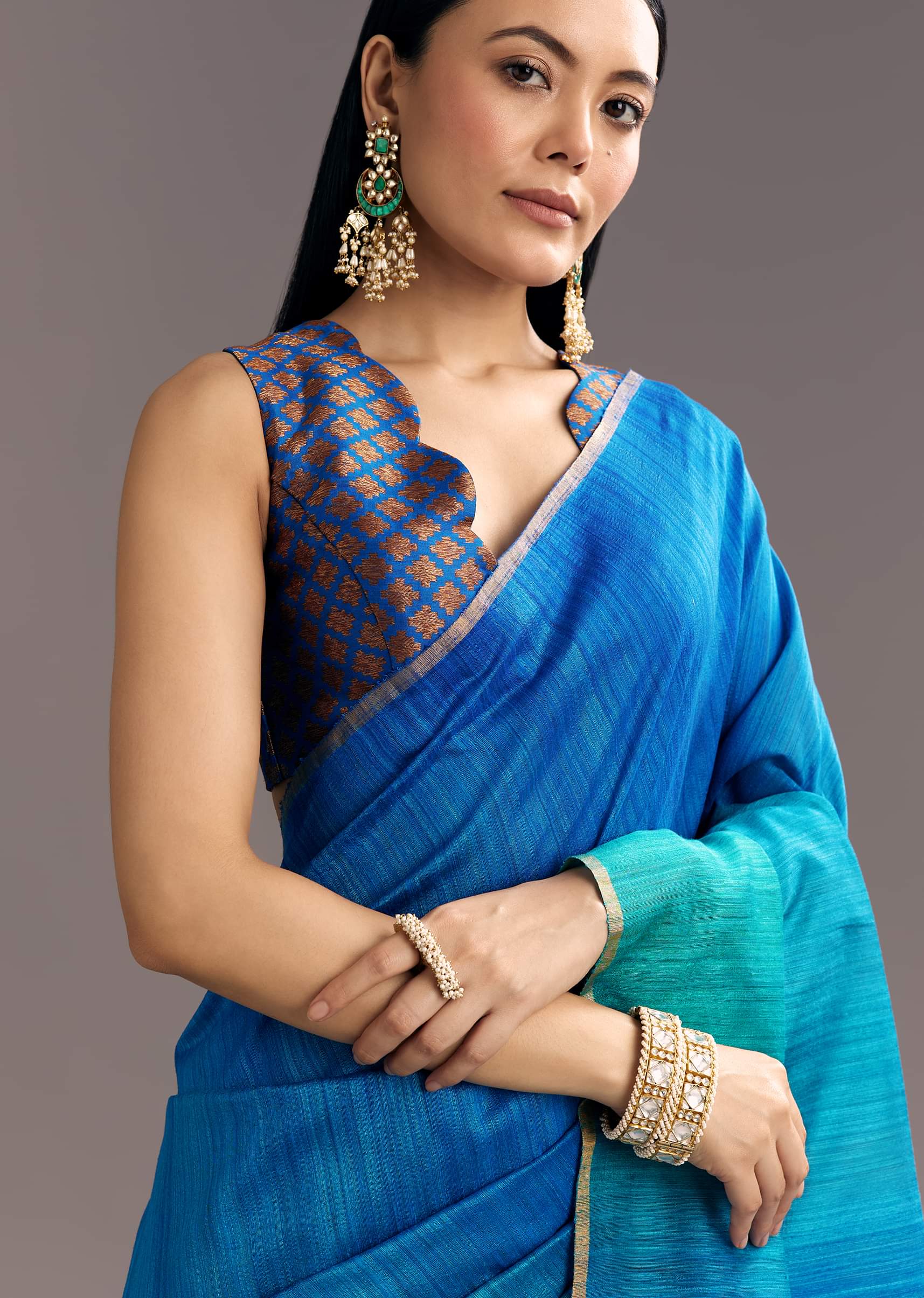 Blue Shaded Kora Silk Handloom Saree With Woven Traditional Motif