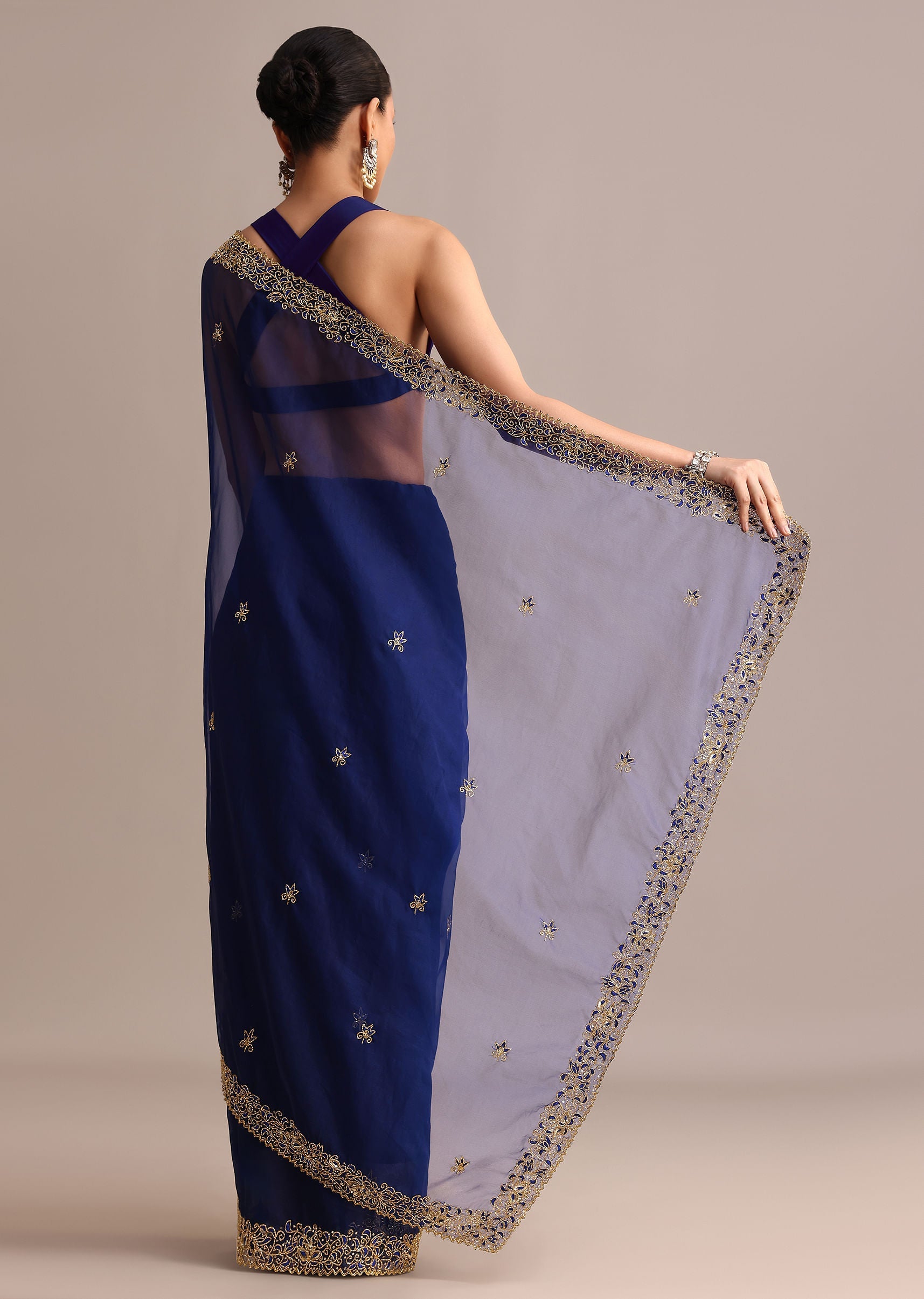 Blue Organza Cutdana Embroidered Saree With Unstitched Blouse
