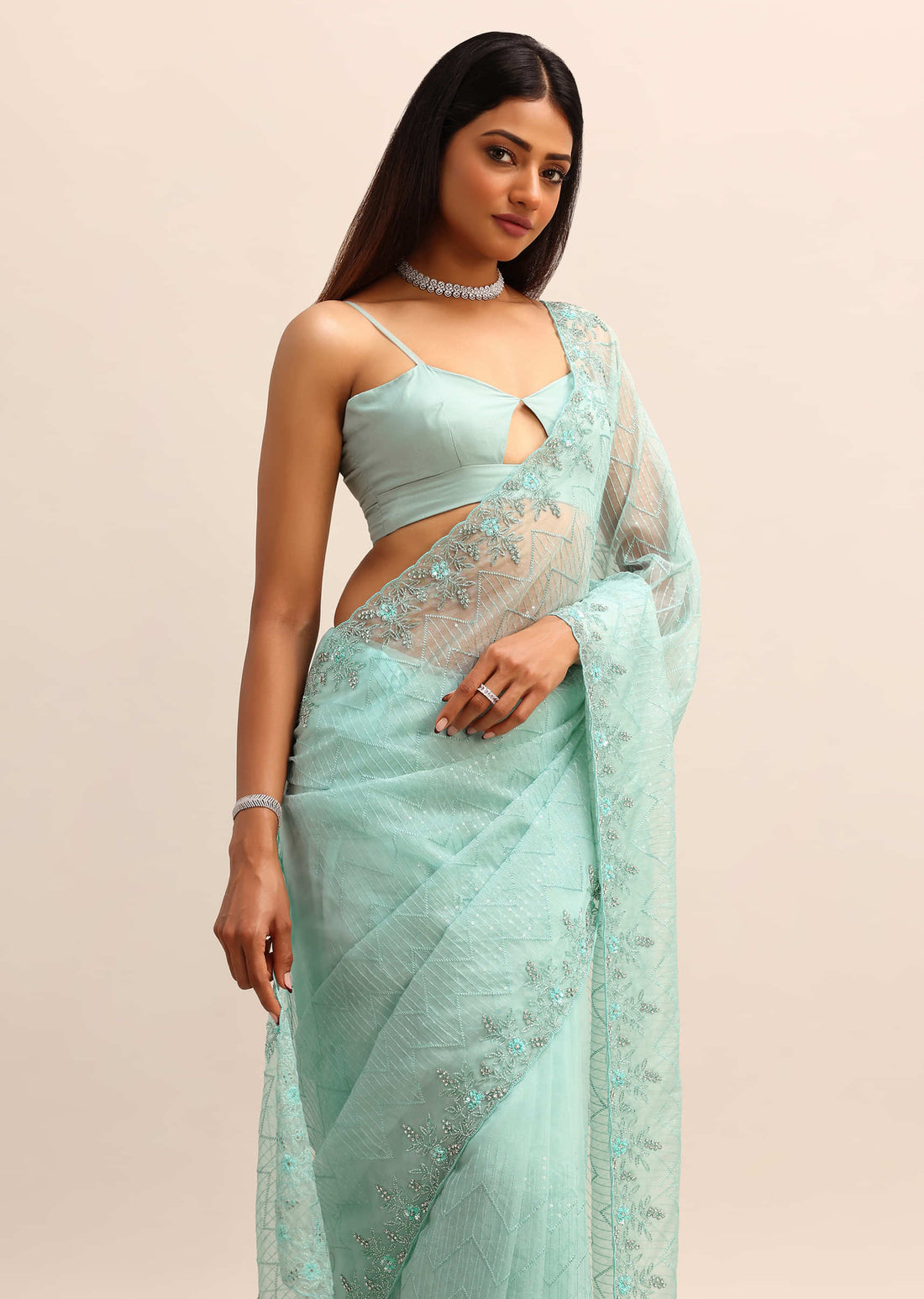 Sea Green Organza Cutdana Saree And Sequins Border Pallu With Unstitched Blouse