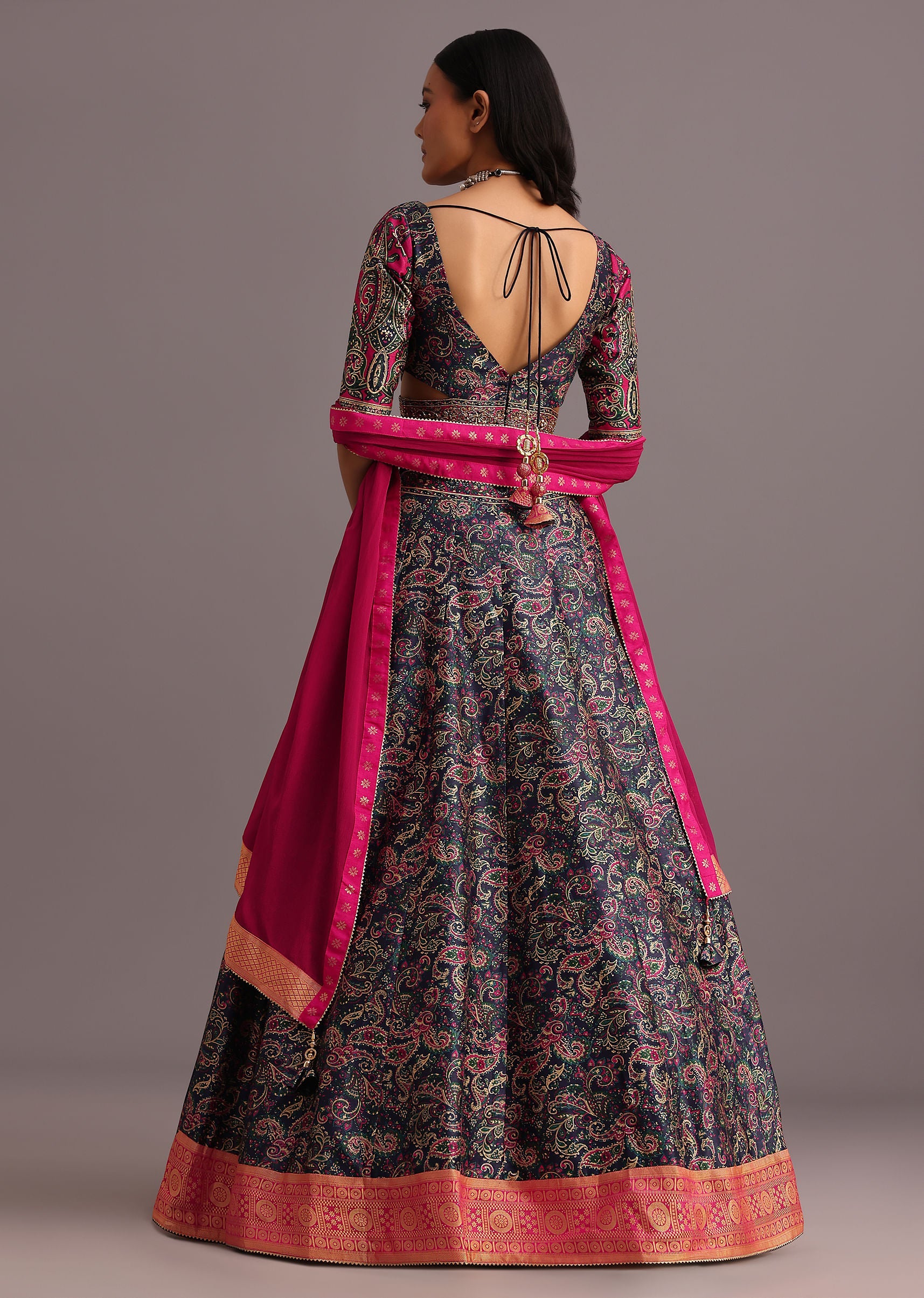 Blue Printed Lehenga Choli With Banarasi Weave Bordered Dupatta