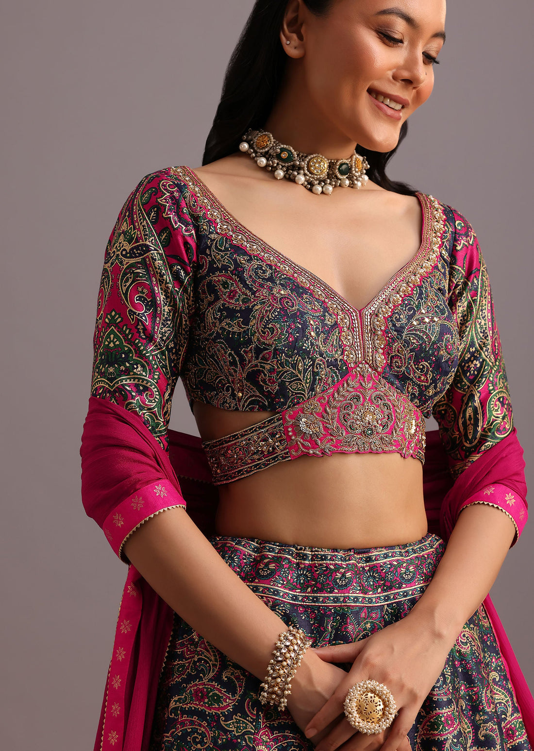 Blue Printed Lehenga Choli With Banarasi Weave Bordered Dupatta