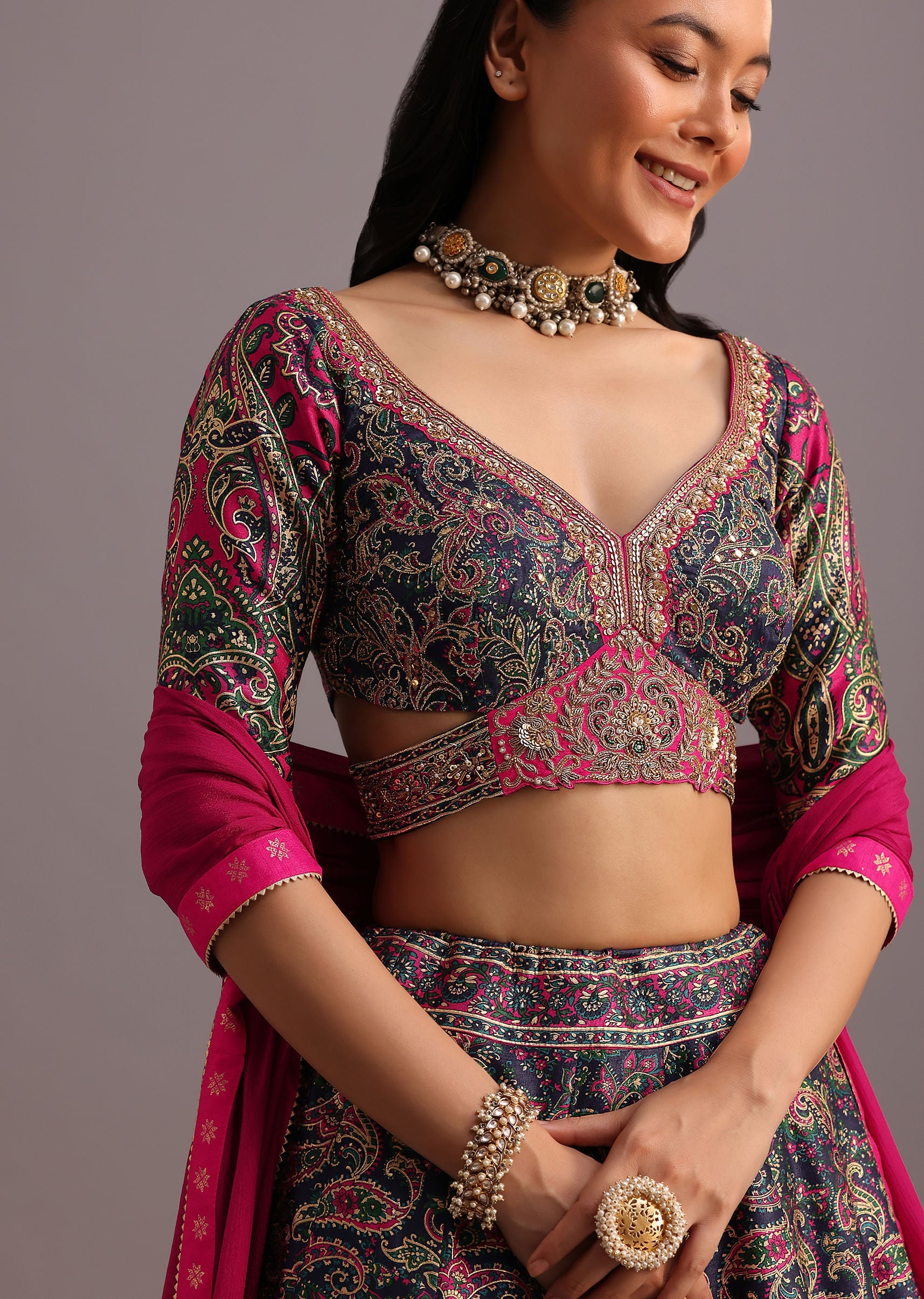 Blue Printed Lehenga Choli With Banarasi Weave Bordered Dupatta