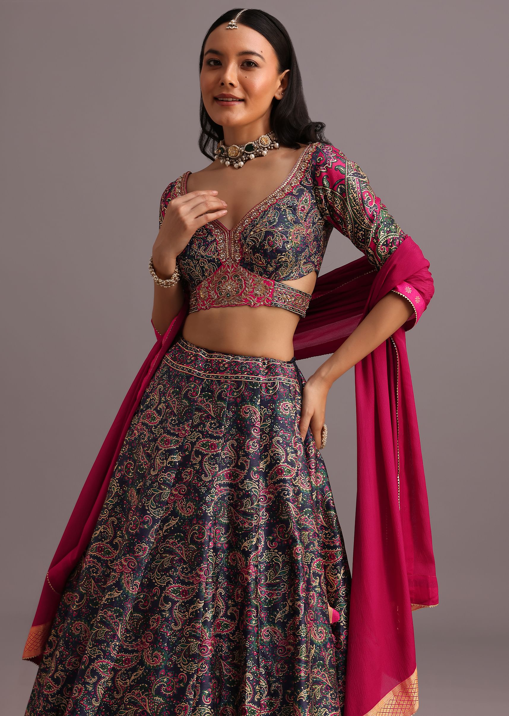 Blue Printed Lehenga Choli With Banarasi Weave Bordered Dupatta