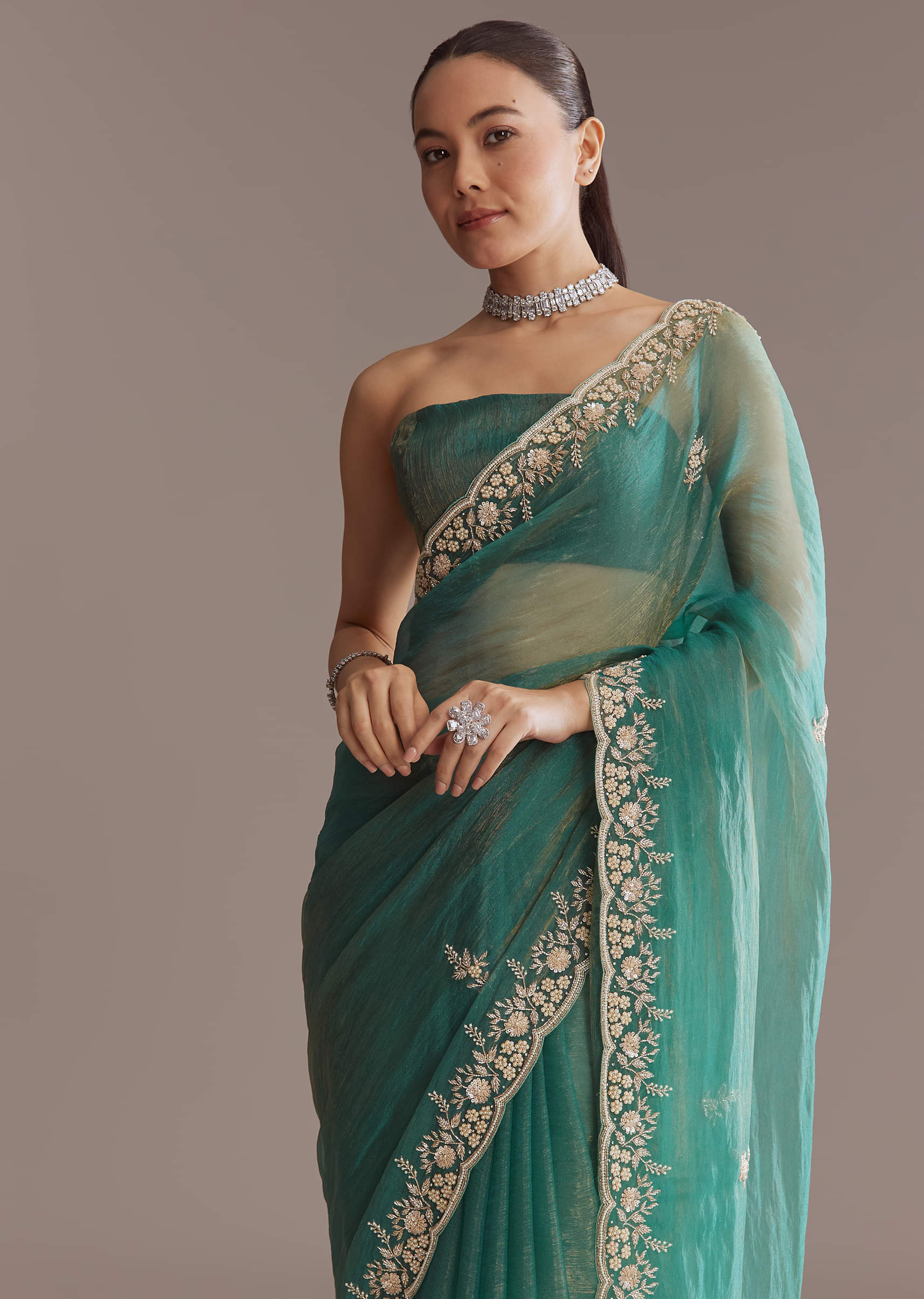 Teal Green Two Tone Tissue Saree With Sequin And Stone Embroidery