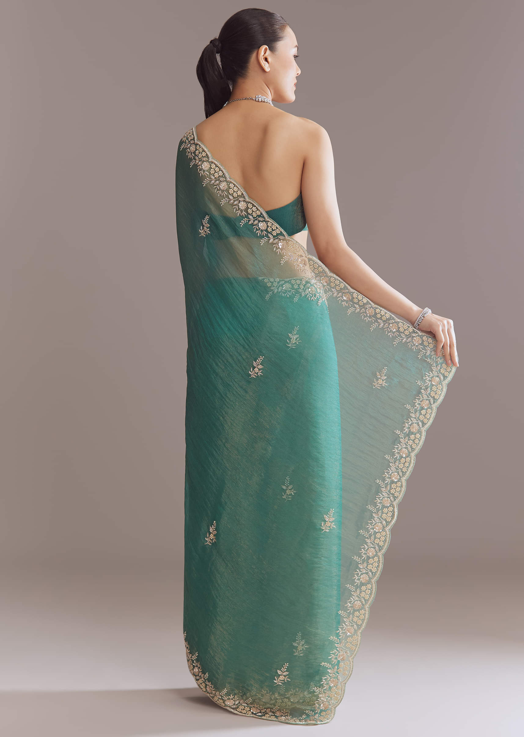 Teal Green Two Tone Tissue Saree With Sequin And Stone Embroidery