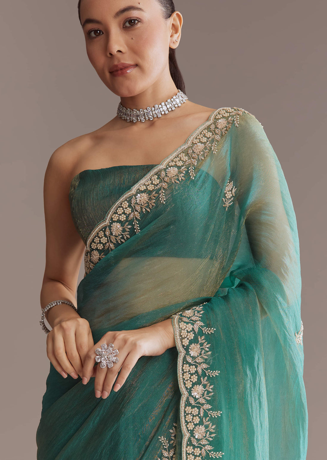 Teal Green Two Tone Tissue Saree With Sequin And Stone Embroidery