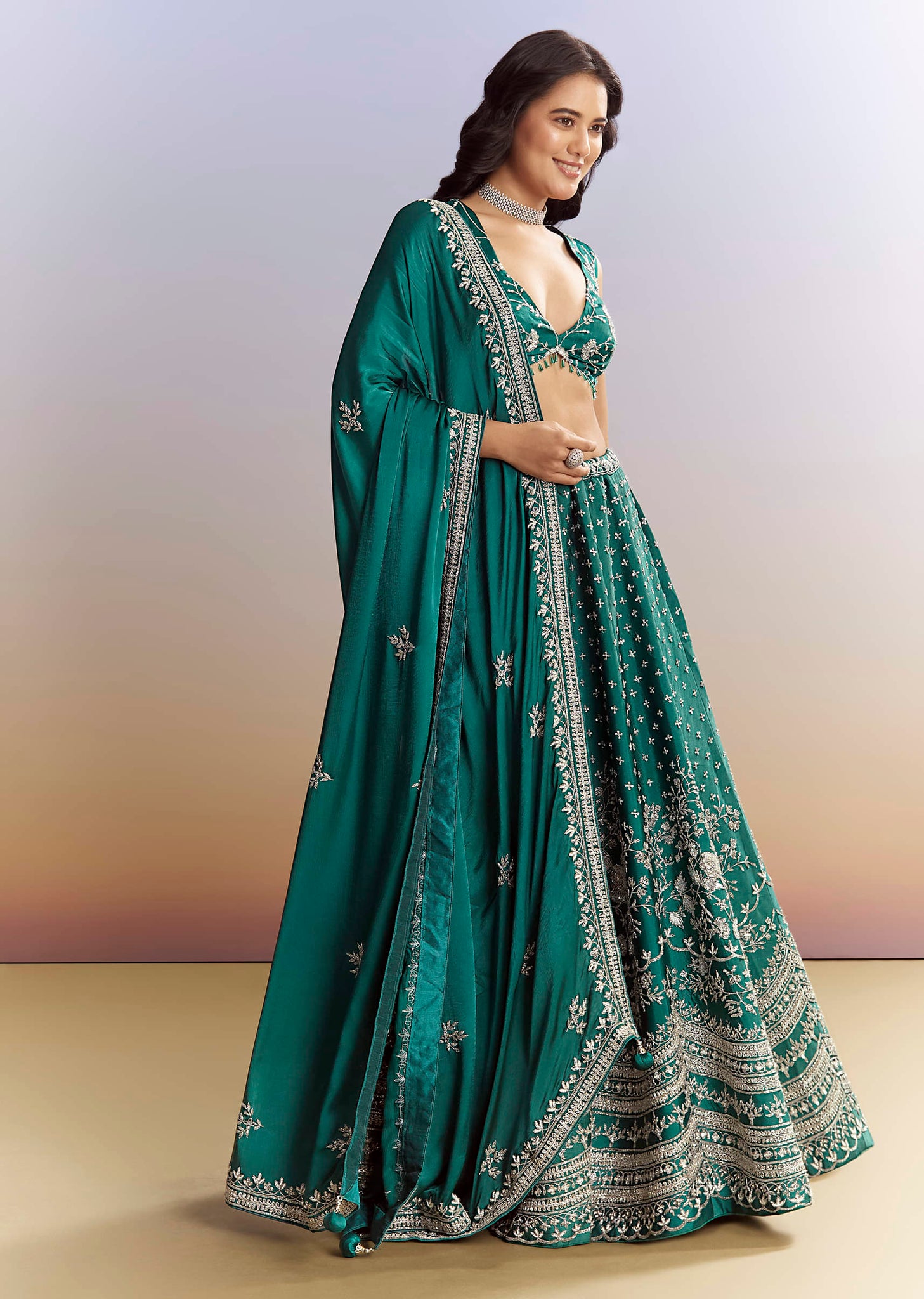 Bottle Green Satin Bridesmaid Lehenga With Heavy Embroidery