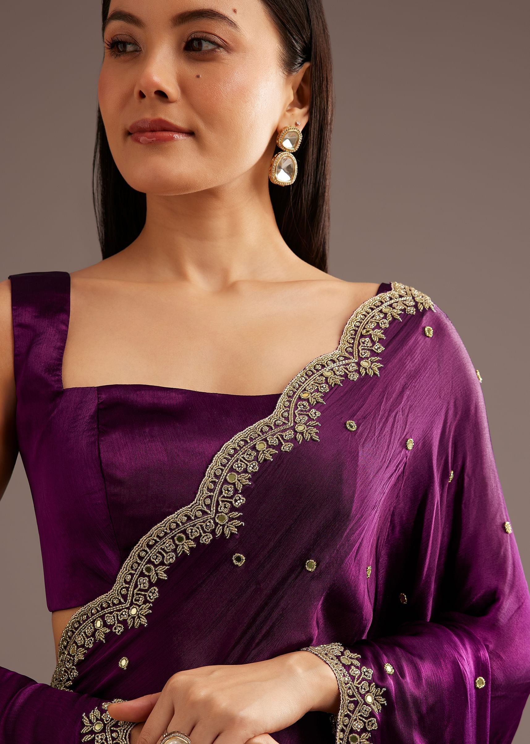 Chinon Satin Saree With Cutdana And Mirror Embellishment