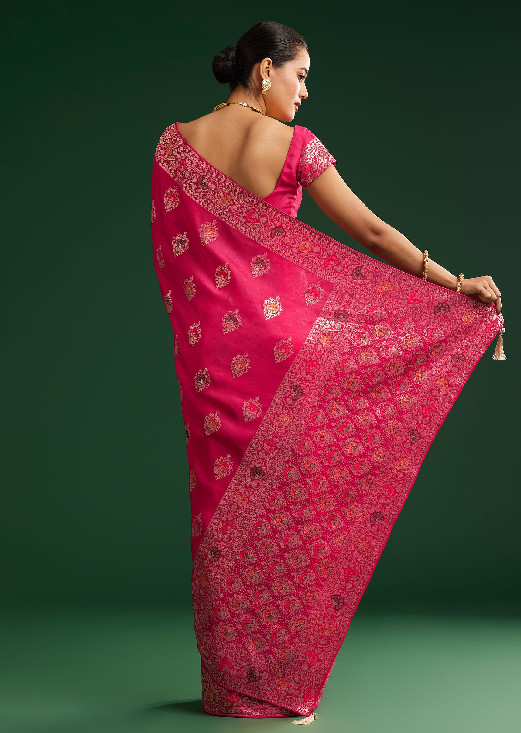 Classic Rani Pink Dola Silk Saree With Zari Detailing