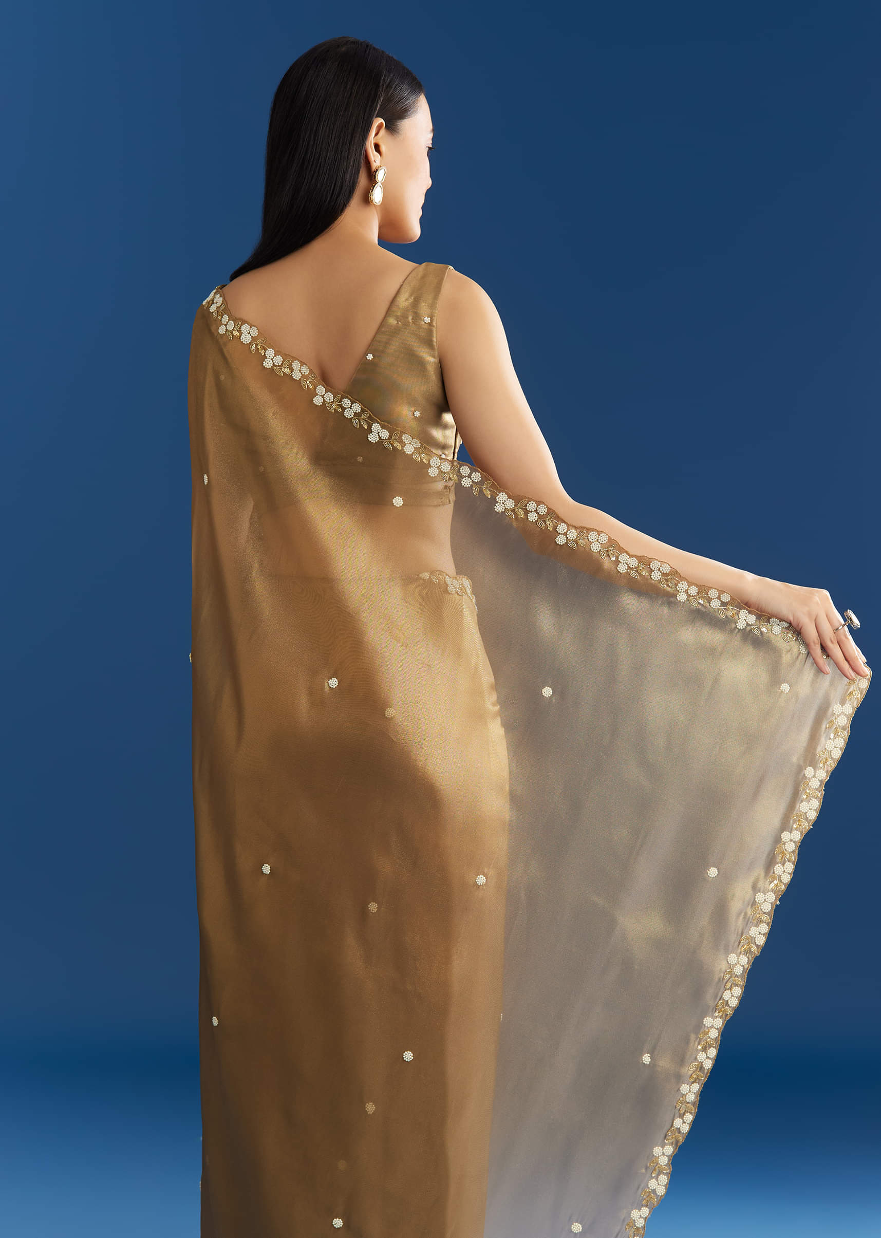 Copper Brown Organza Tissue Saree With Beaded Border