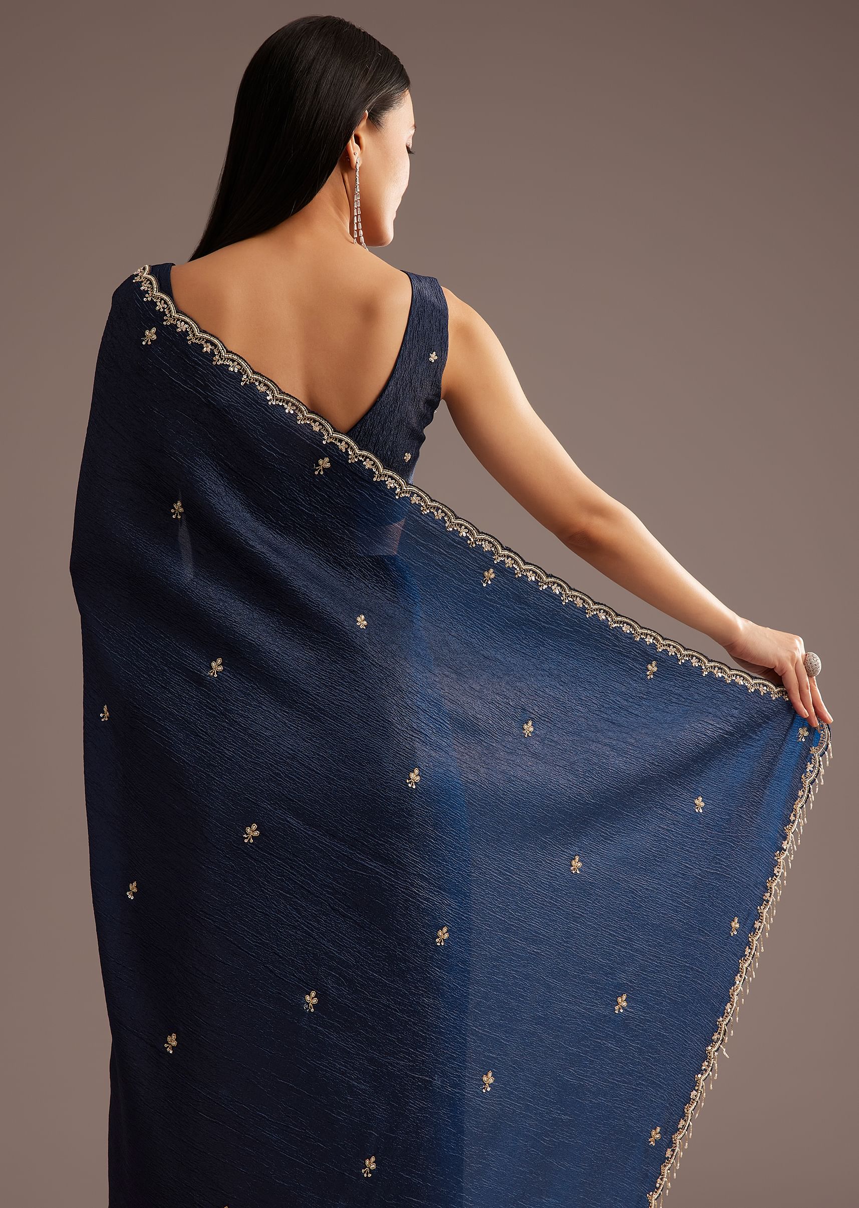 Blue Tissue Saree With Cutdana Scallop Border