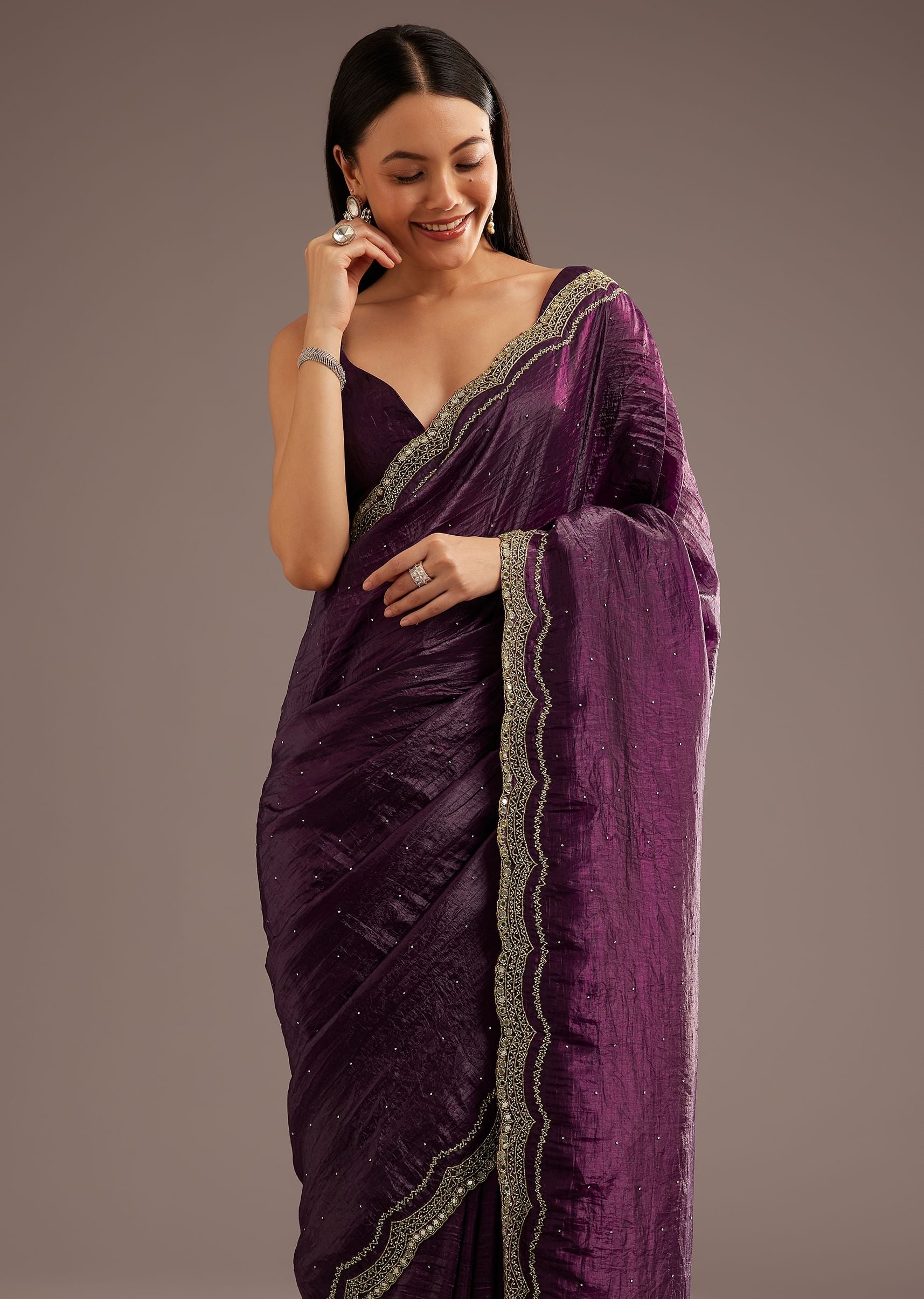 Wine Crushed Tissue Silk Cutdana Scallop Bordered Saree