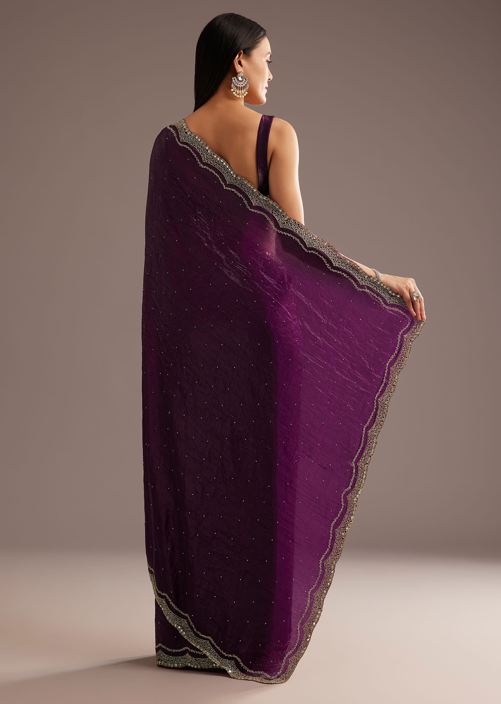 Wine Crushed Tissue Silk Cutdana Scallop Bordered Saree