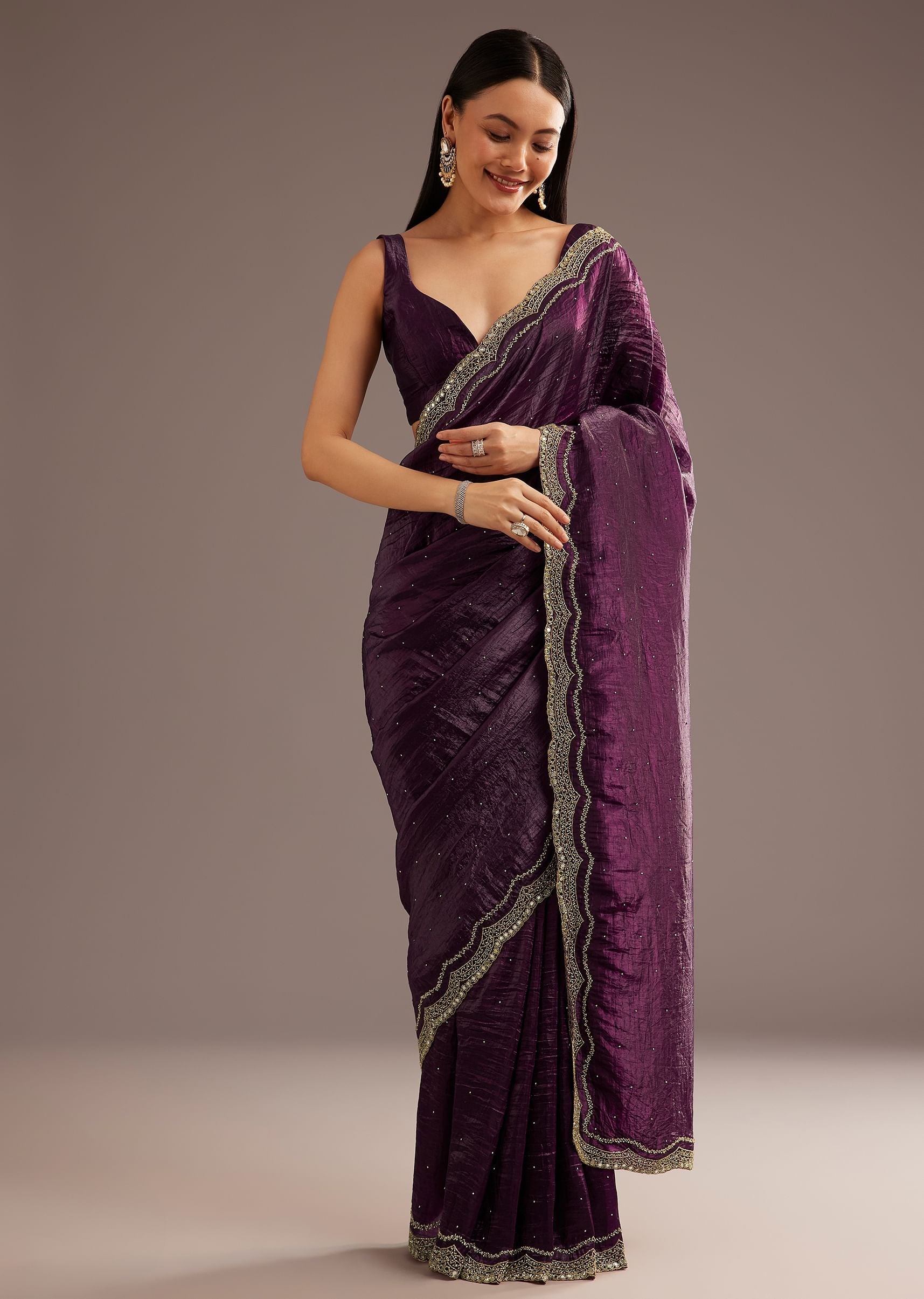 Wine Crushed Tissue Silk Cutdana Scallop Bordered Saree