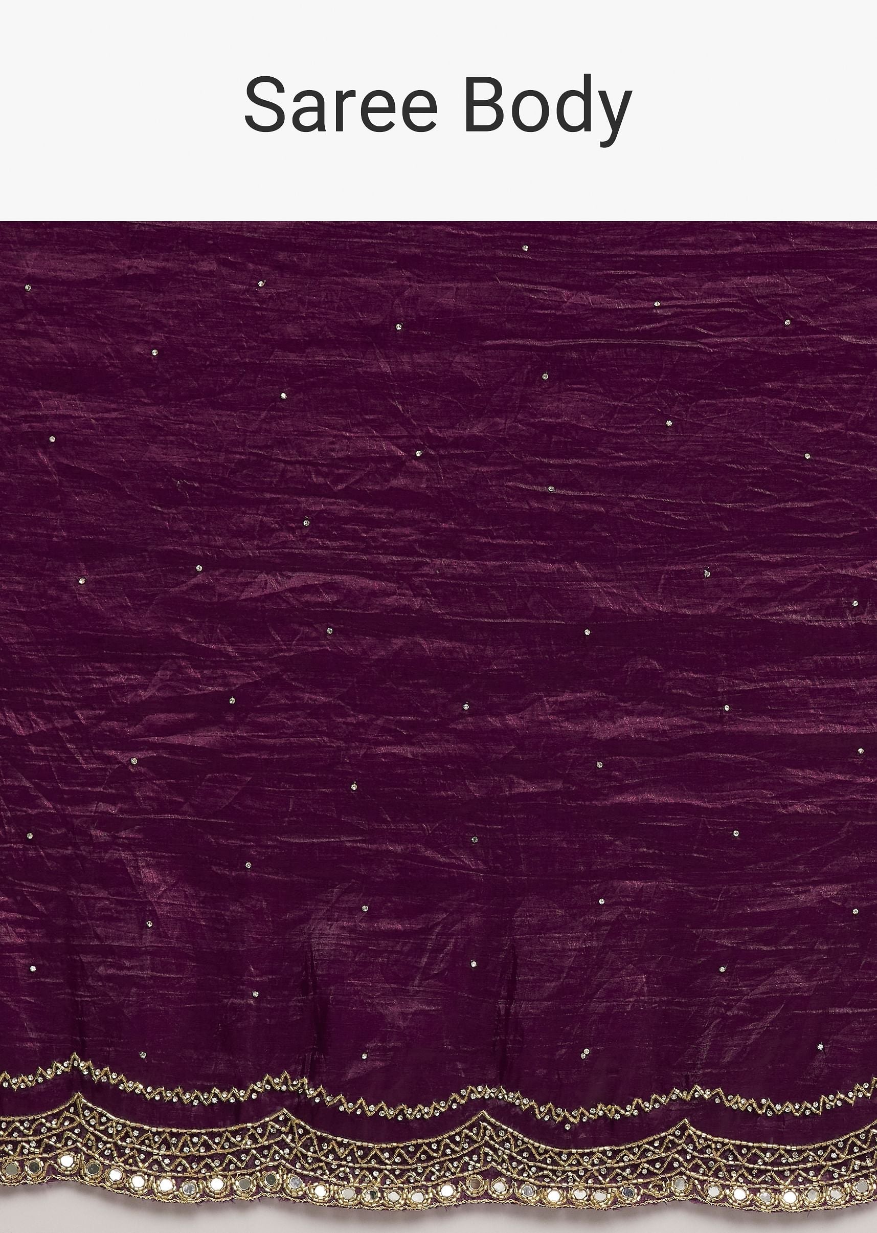 Wine Crushed Tissue Silk Cutdana Scallop Bordered Saree