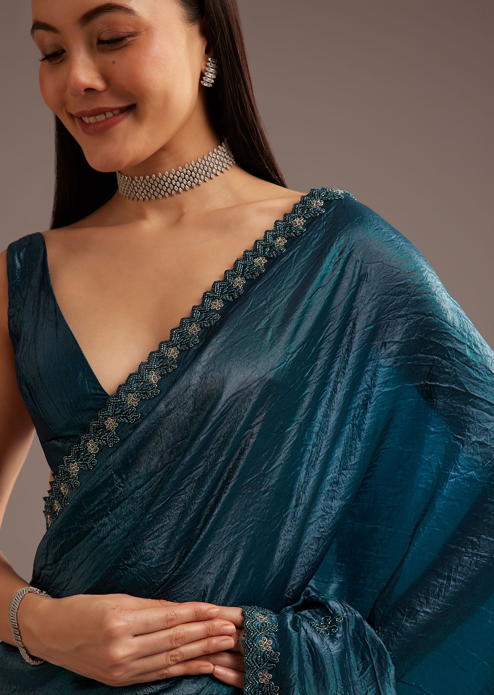 Blue Crushed Tissue Silk Saree With Cutdana Scallop Border