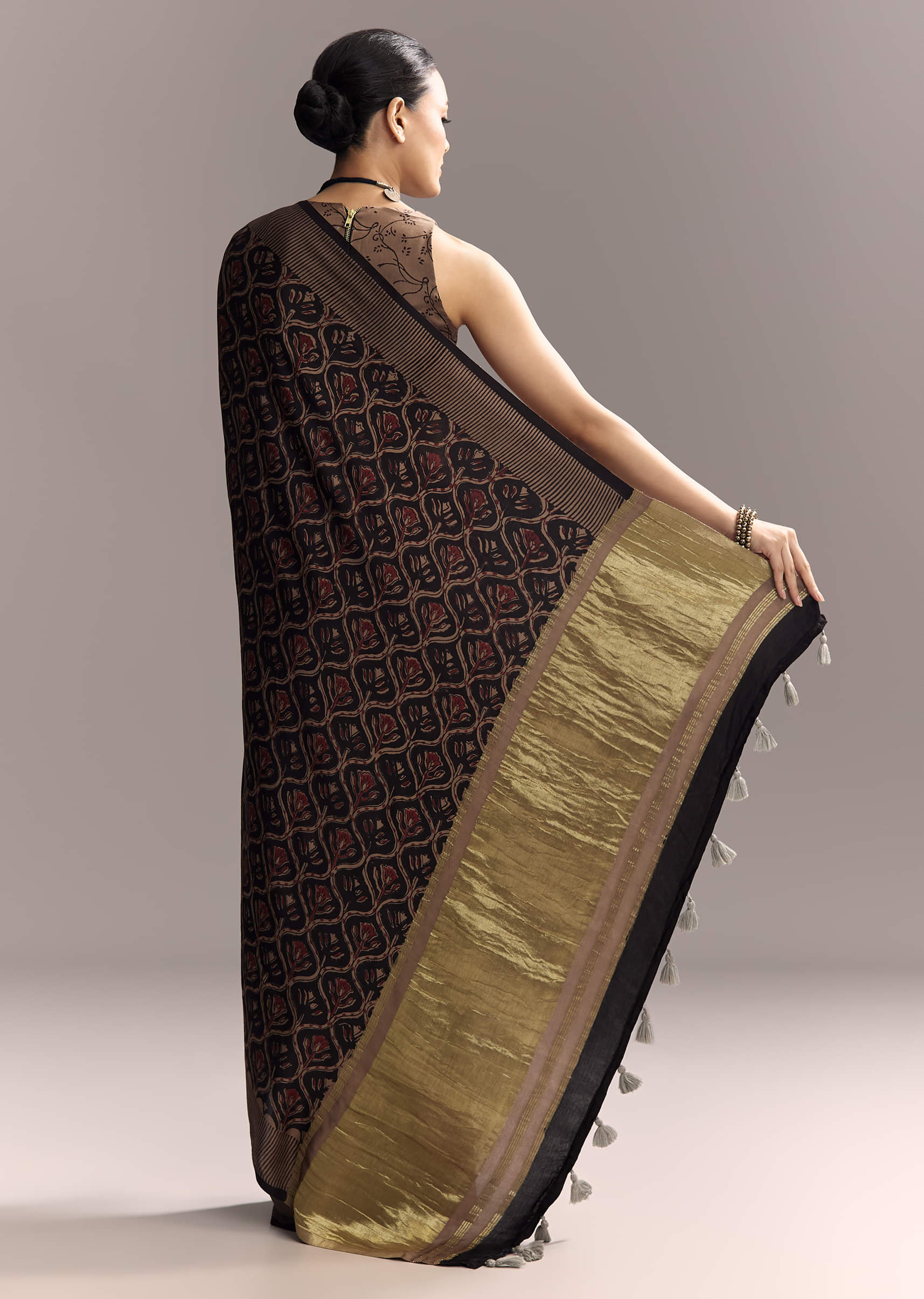 Dark Blue Linen Saree With Authentic Ajrakh Print And Golden Pallu