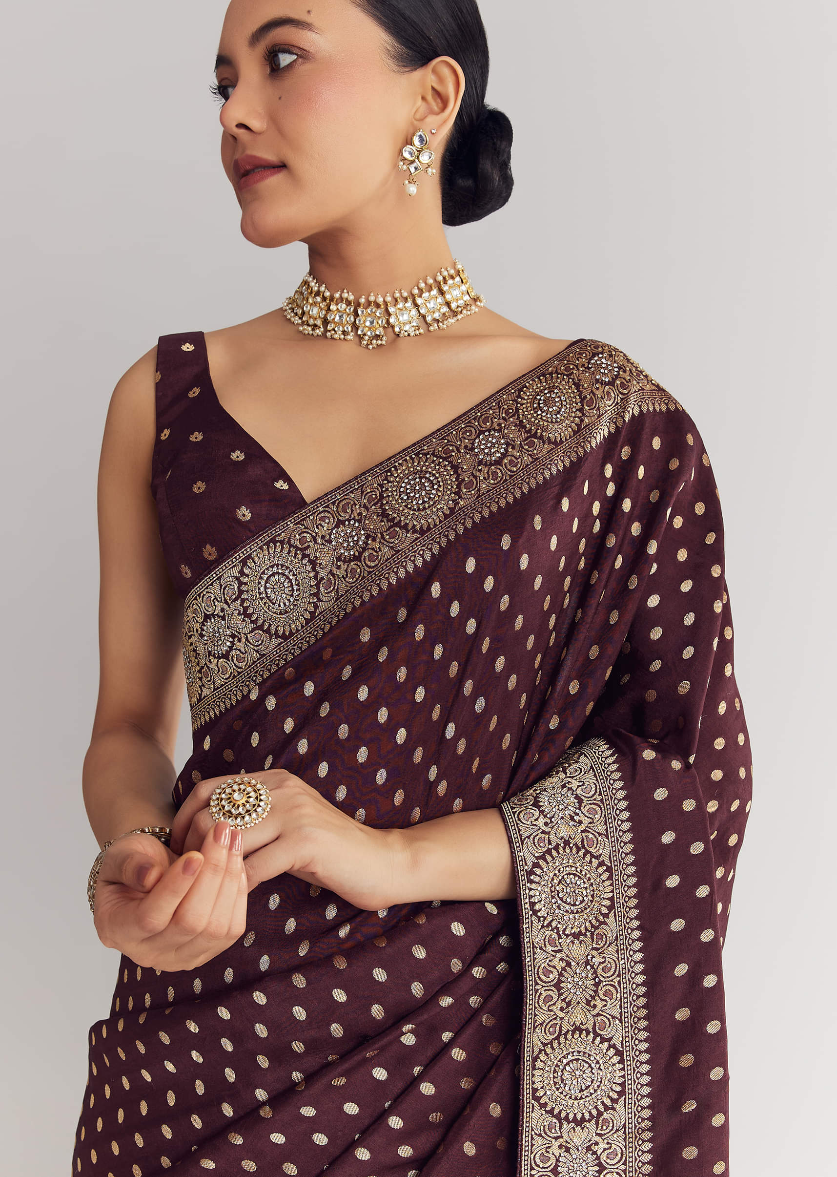 Dark Brown Dola Silk Saree With Floral And Butti Work