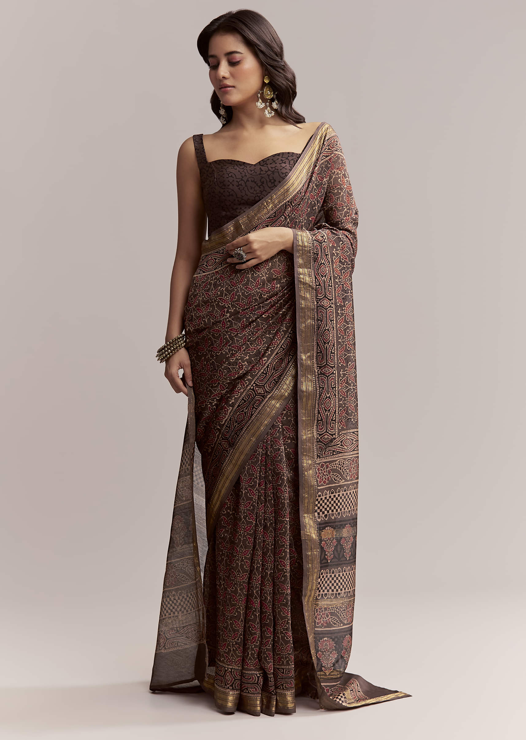 Dark Brown Linen Printed Saree With Authentic Ajrakh Print