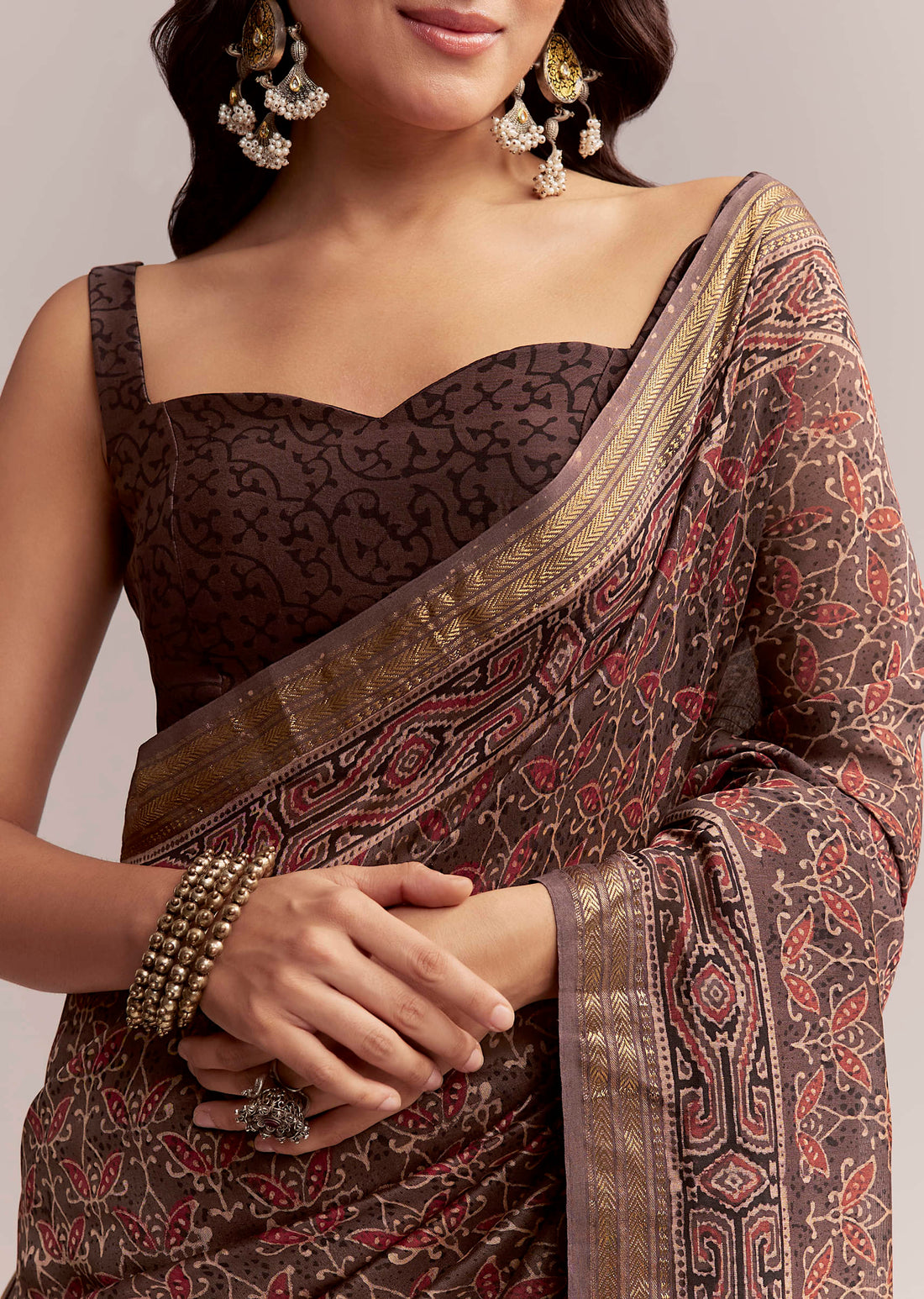 Dark Brown Linen Printed Saree With Authentic Ajrakh Print