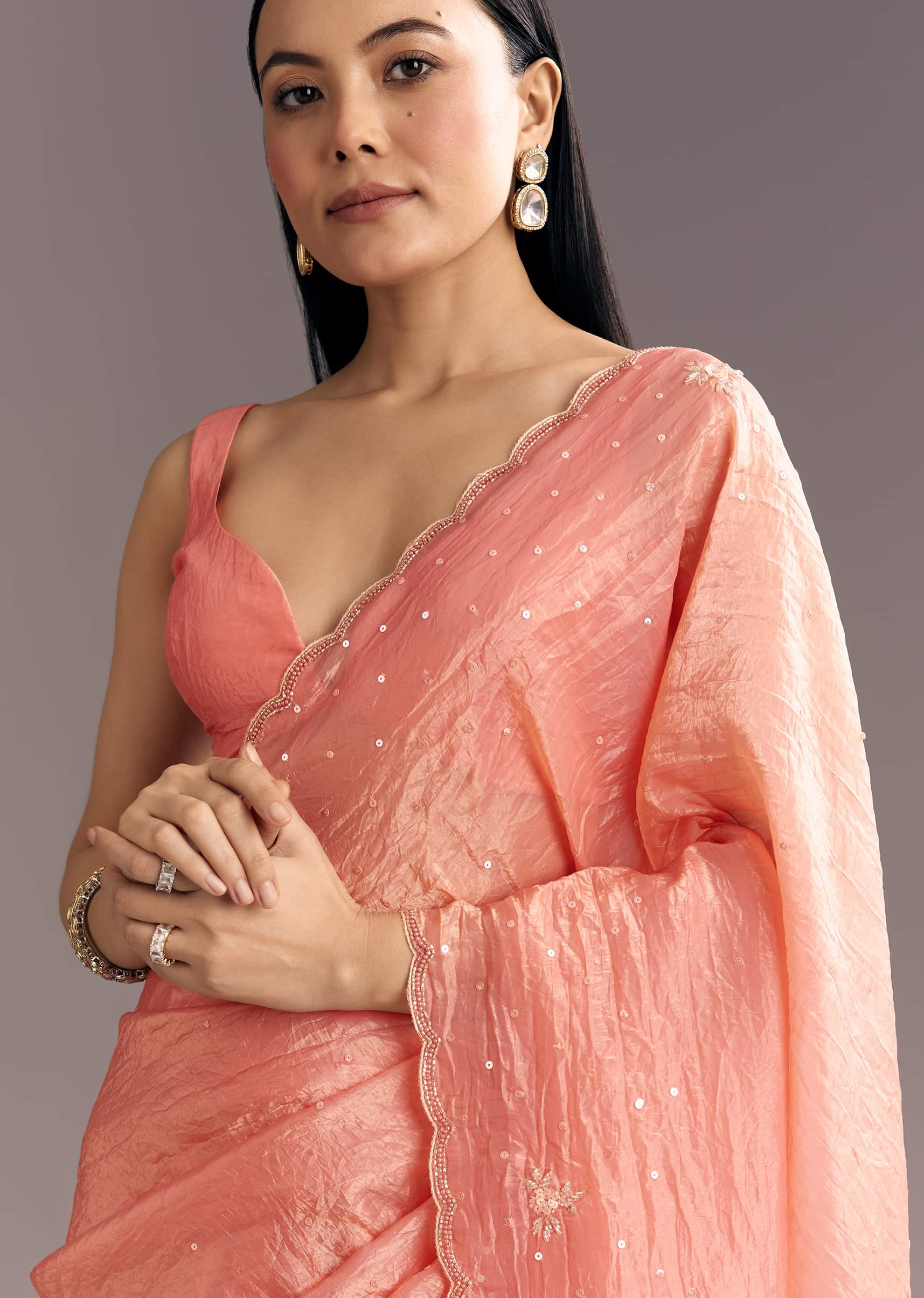 Dark Peach Crushed Tissue Embroidered Saree With Scallop Border