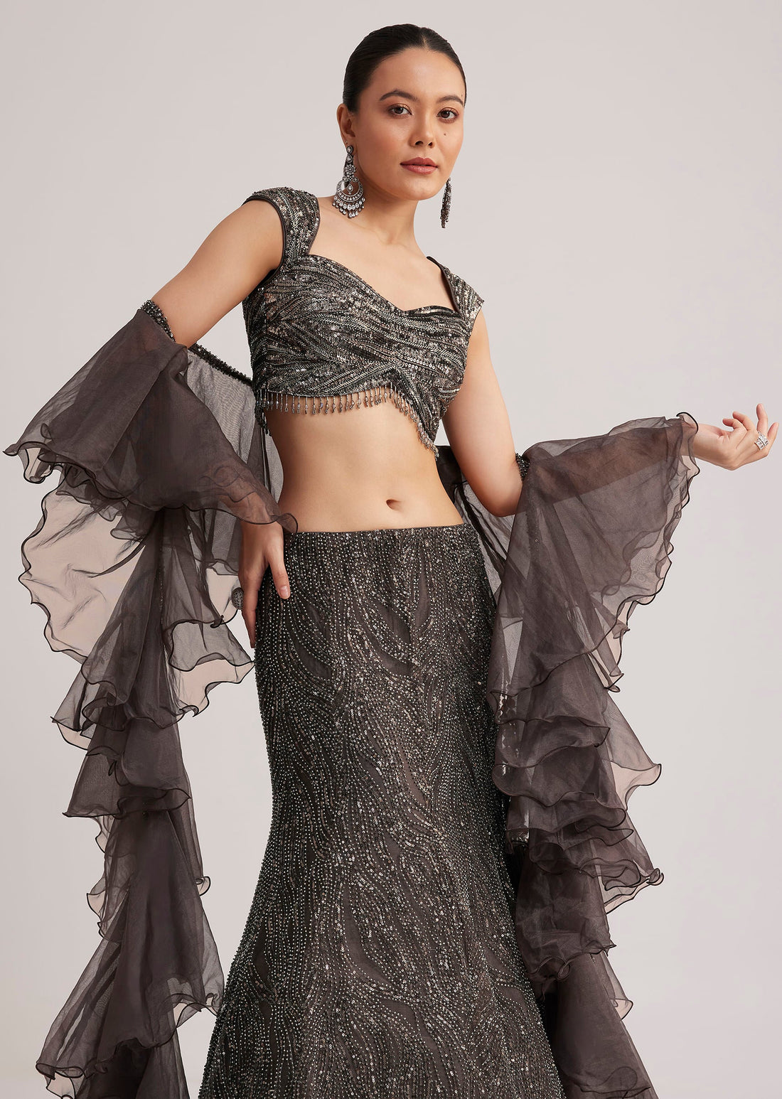 Dark Brown Sequins Mermaid Lehenga Set