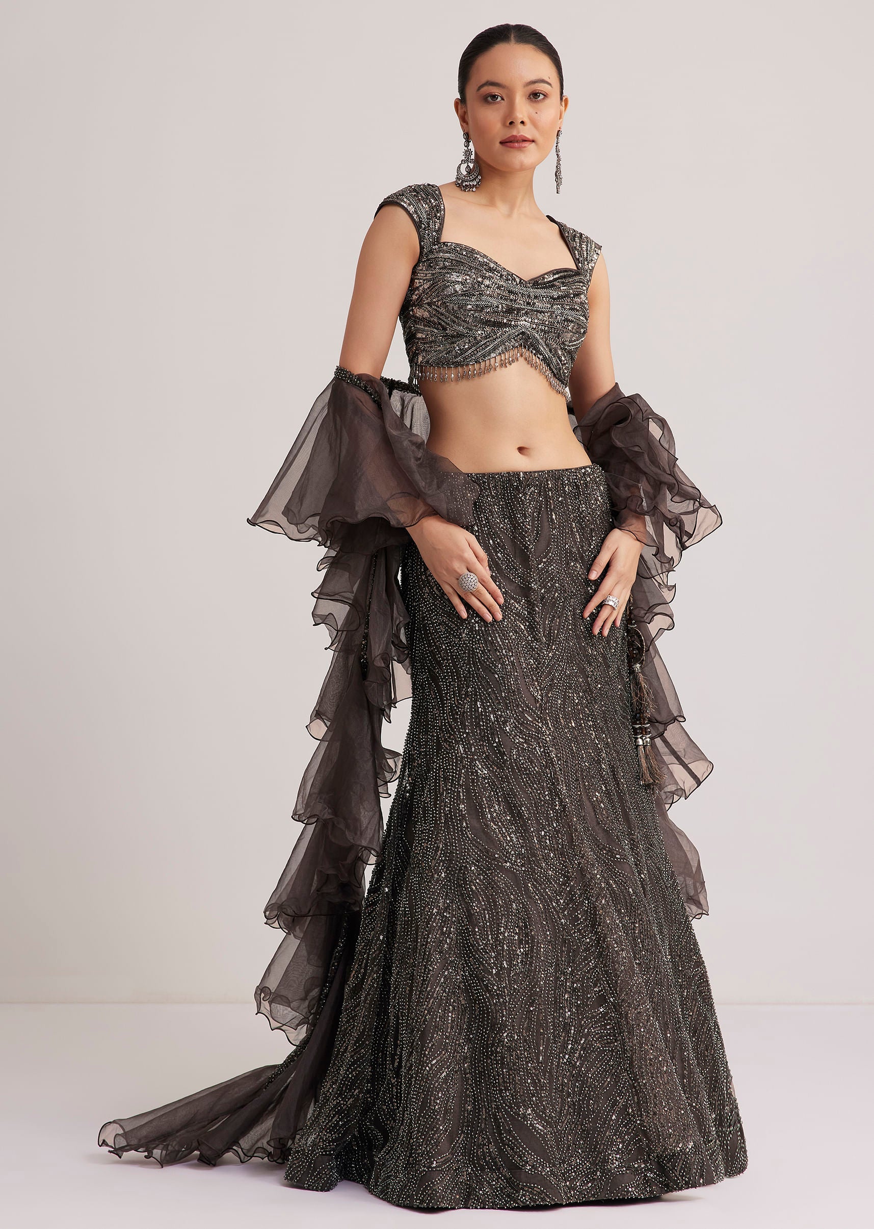 Dark Brown Sequins Mermaid Lehenga Set