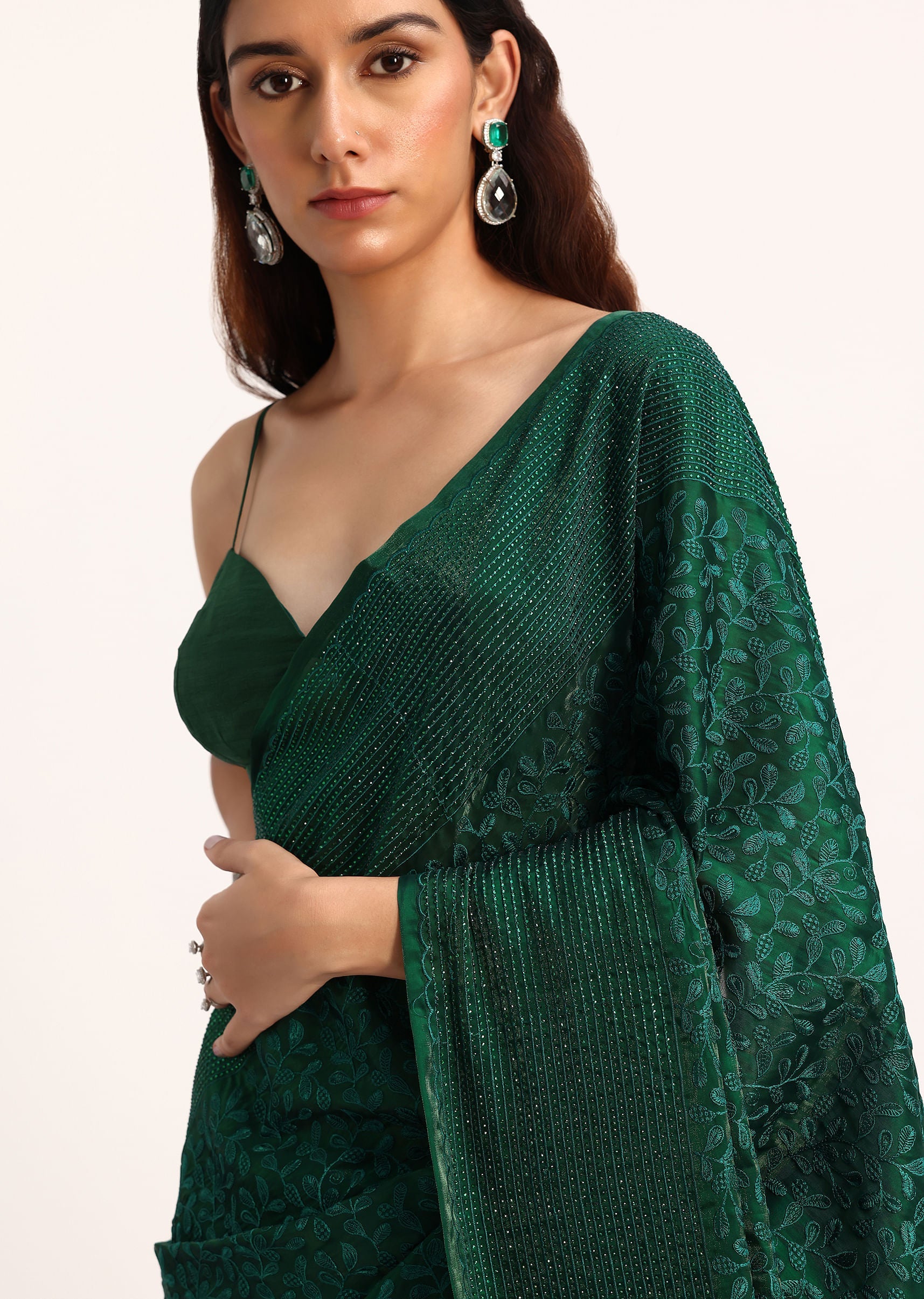 Dark Green Tissue Saree With Thread And Stone Embroidery And Unstitched Blouse
