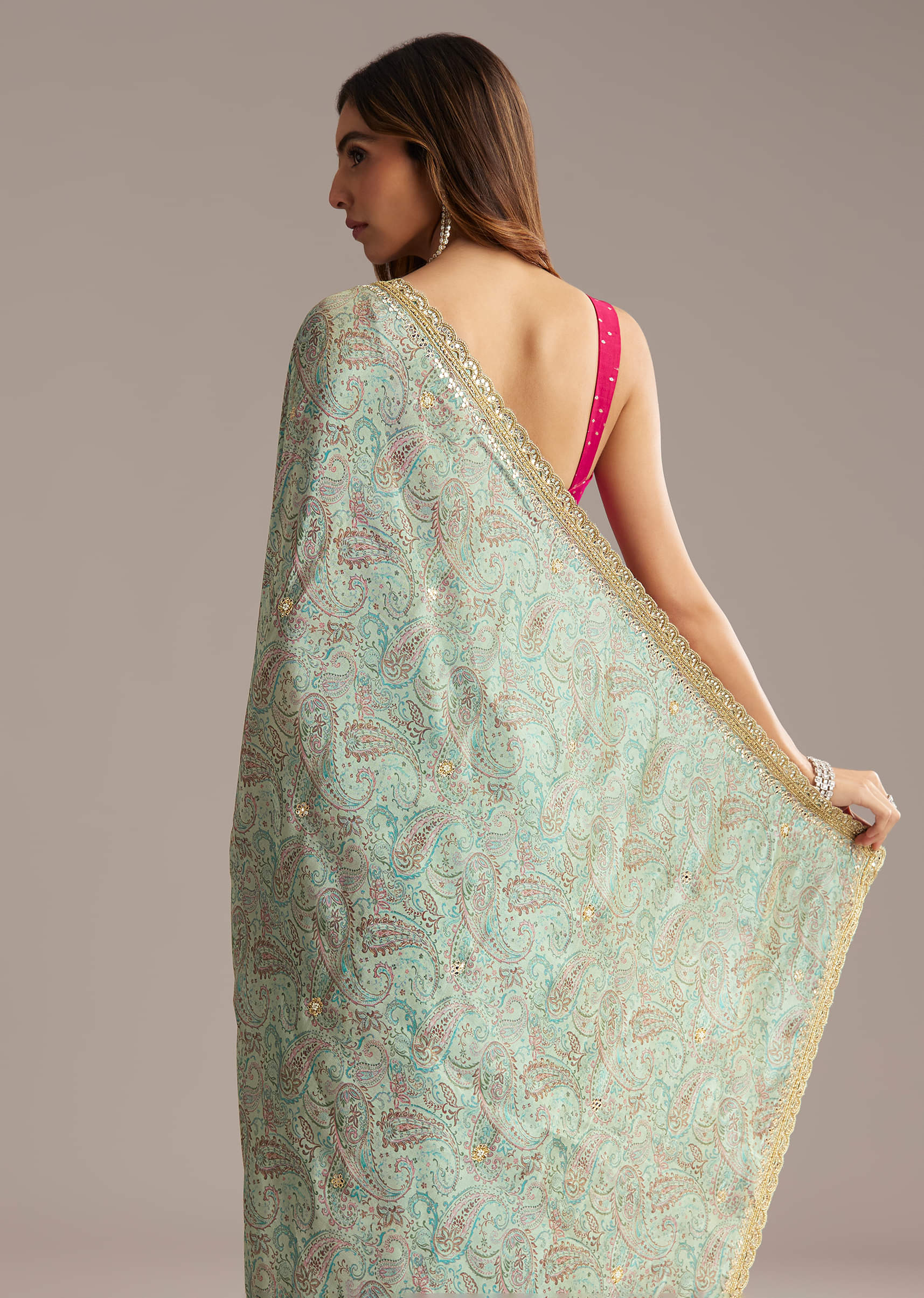 Dusky Blue Jacquard Saree With Mirror And Cutdana Embroidery
