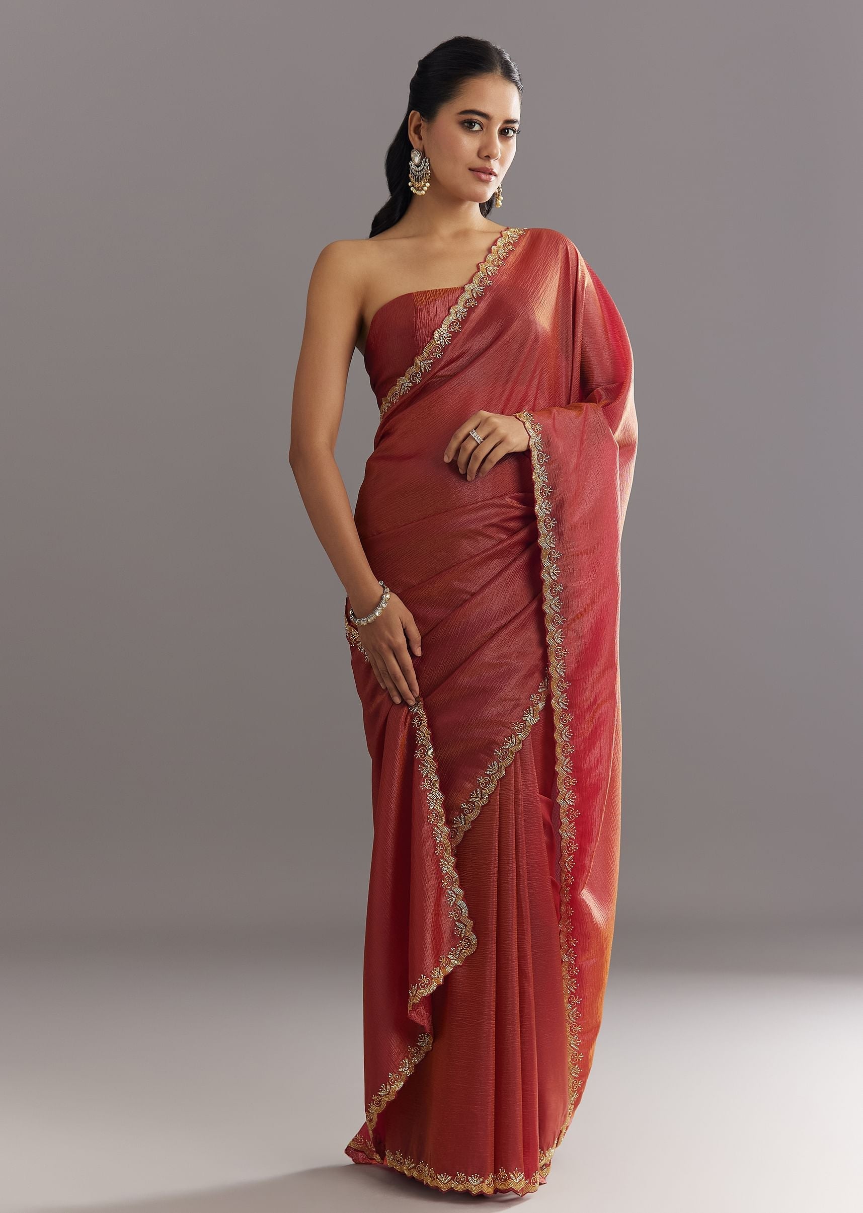 Dusky Brown Crushed Tissue Saree With Stones Cutdana Embroidered Scallop Border