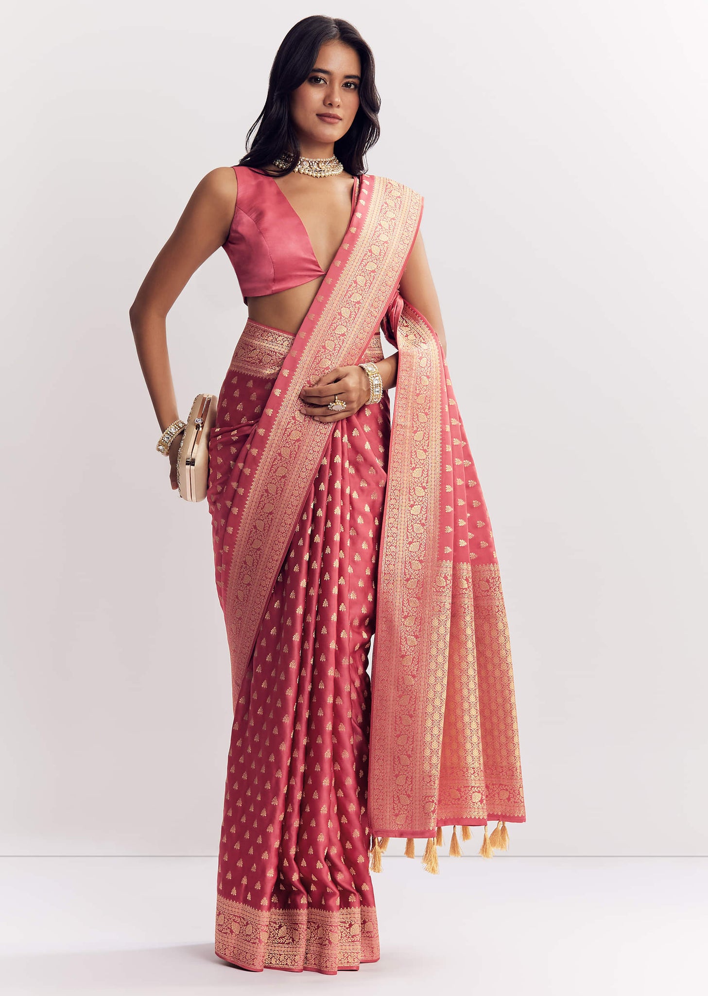 Dusky Pink Silk Saree With Butti And Woven Border