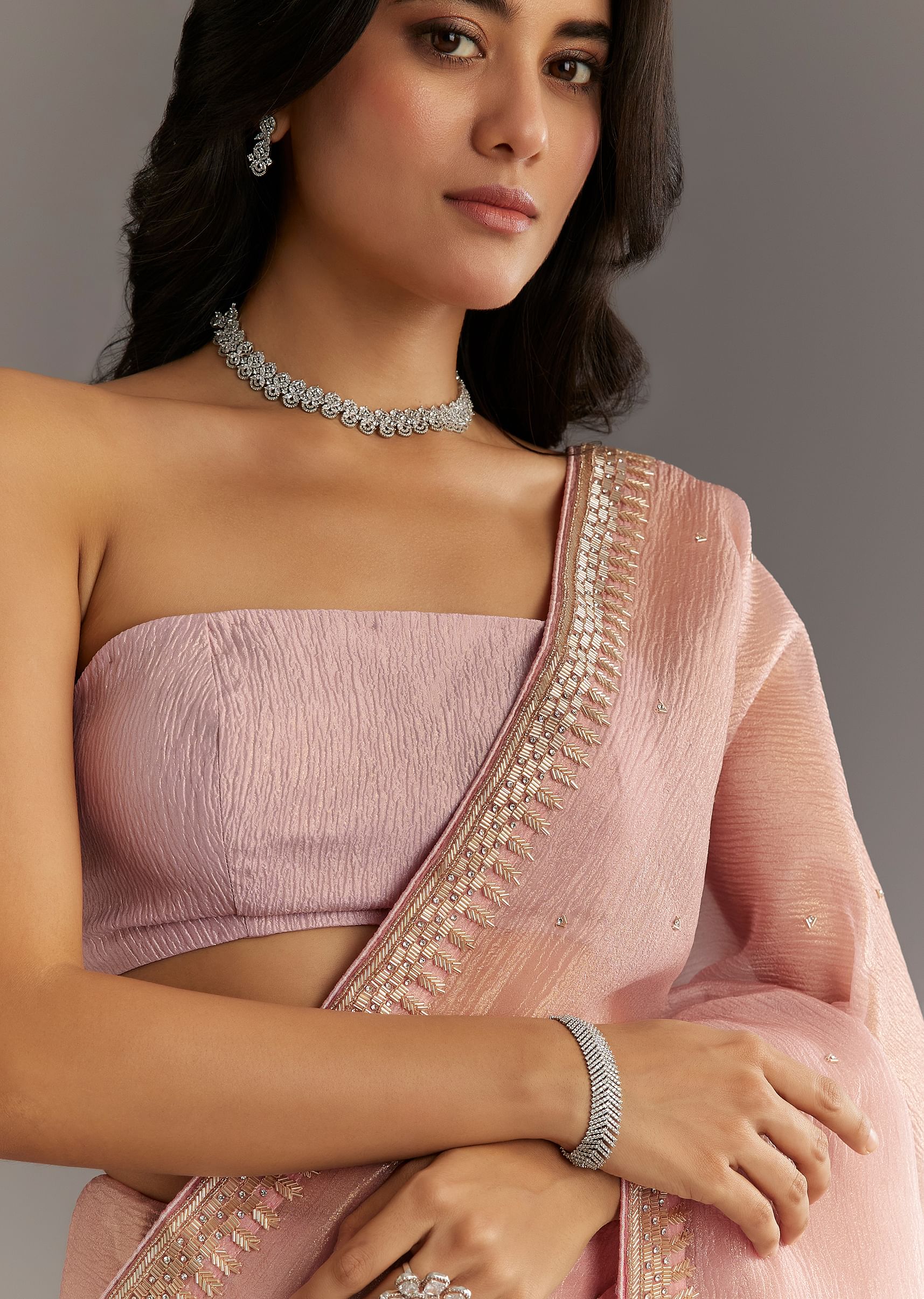 Dusty Rose Cutdana And Stone Embroidered Tissue Saree