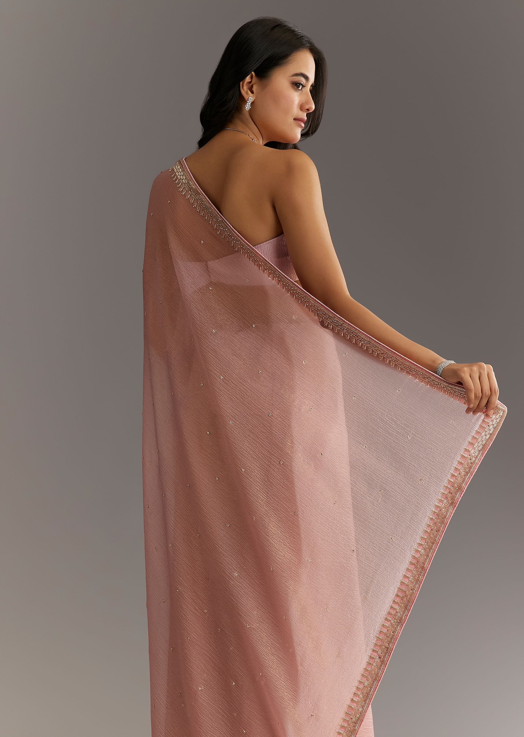 Dusty Rose Cutdana And Stone Embroidered Tissue Saree