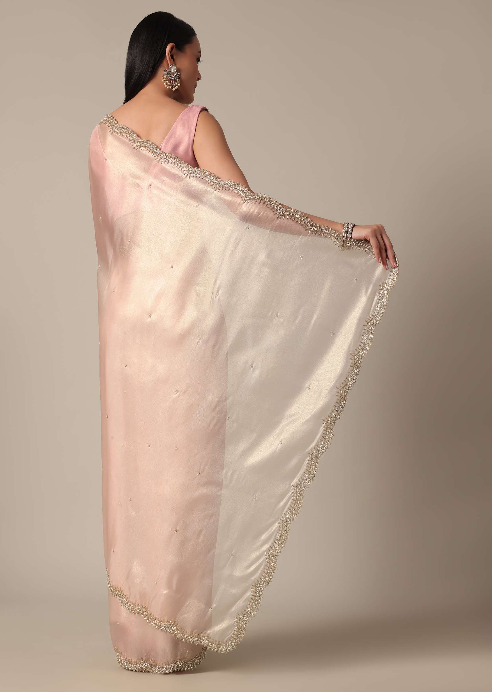 Elegant Peach Saree With Scalloped Border